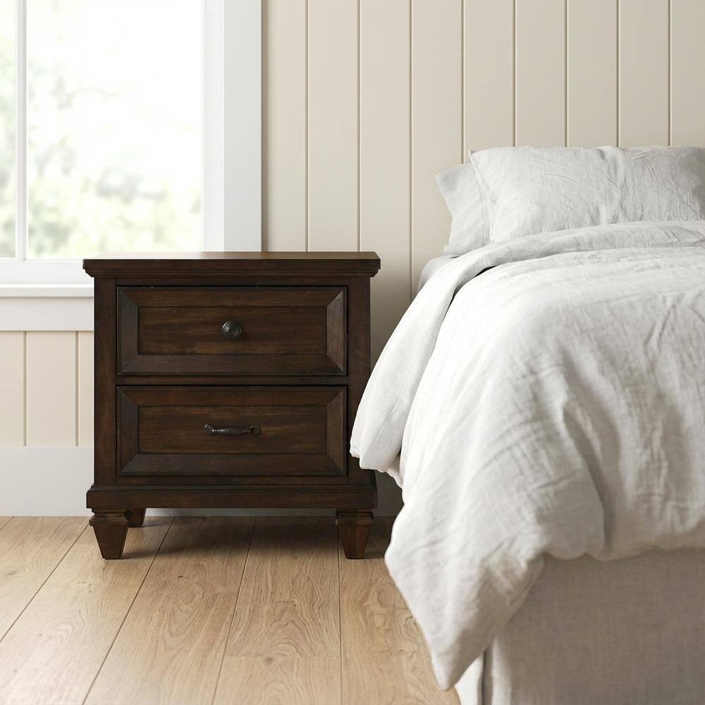 Left. FurniFact - Walnut Solid Wood Nightstand with Two Drawers for Bedroom Storage - Walnut.