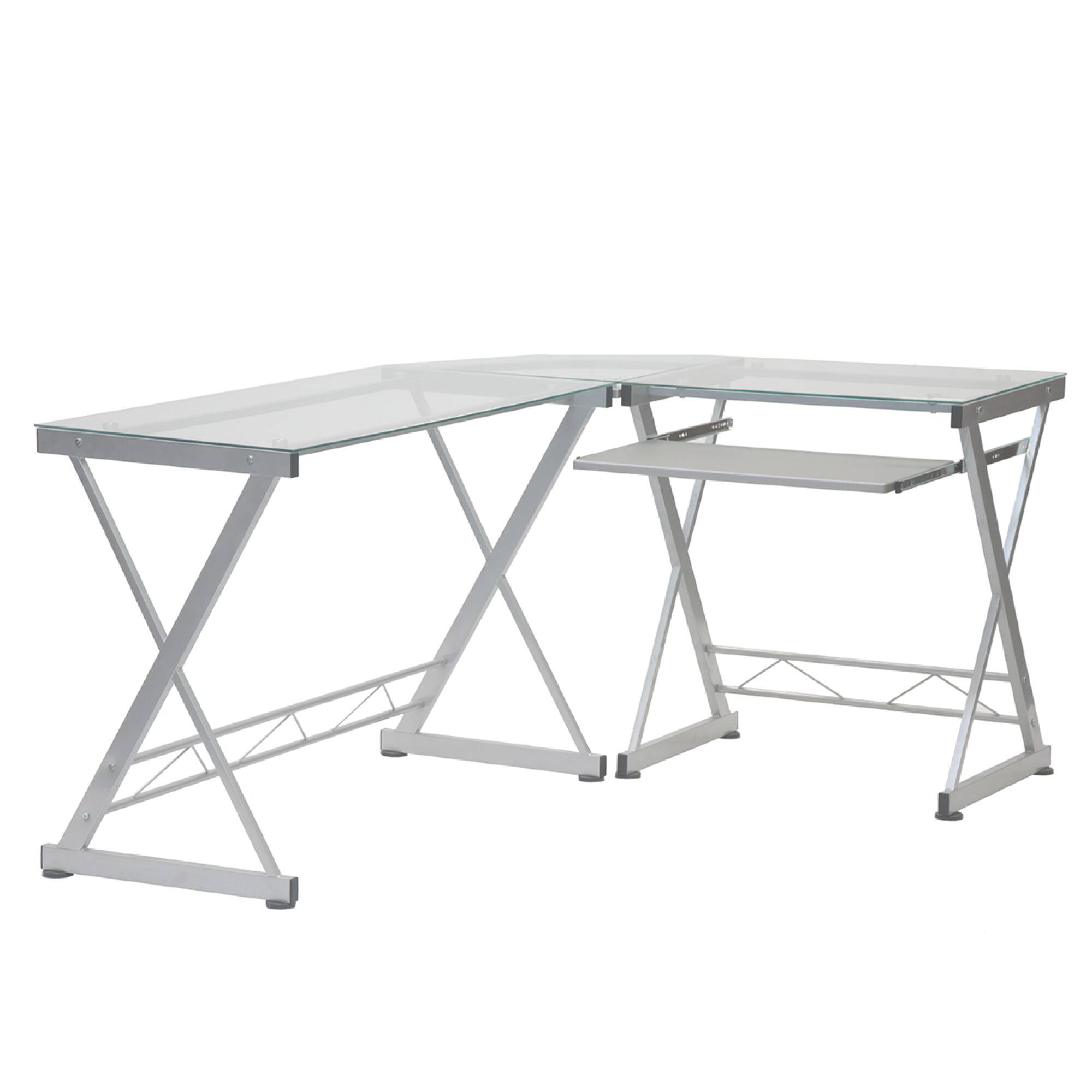 Alt View 3. GOODSILO - L-Shaped Tempered Glass Computer Desk with Pull-Out Keyboard Panel and Reversible Design - White.
