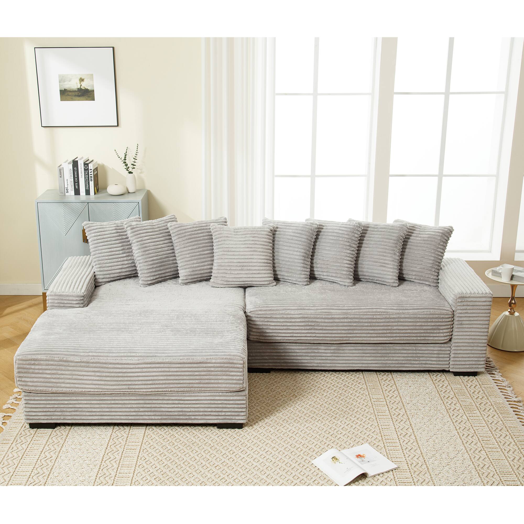 Back. Tiramisubest - Oversized Two-Piece Couches,L Shaped Sofa,Corduroy,Left Chaise Daybed with Armrests,Eight Throw Pillows,Gray - Gray.