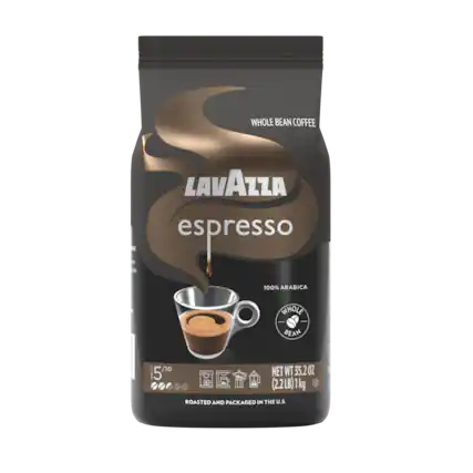 WHOLE BEAN COFFEE
LAVAZZA espresso
100% ARABICA
WHOLE BEAN
NET WT 35.2 OZ (2.2 LB) 1 kg
ROASTED AND PACKAGED IN THE U.S.
5/10