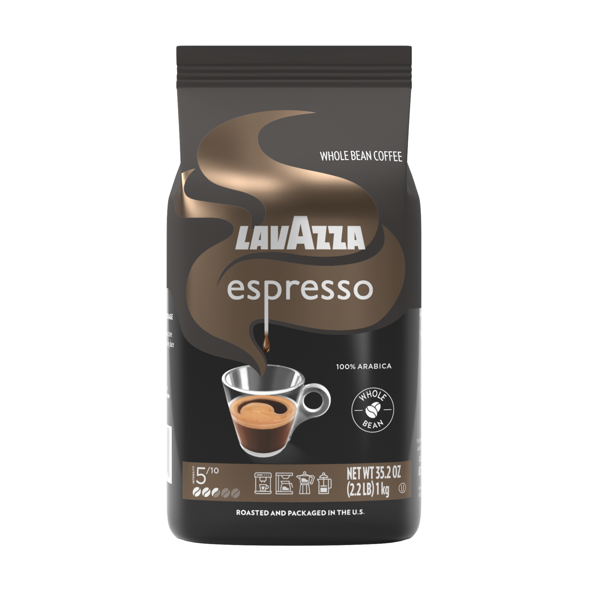 WHOLE BEAN COFFEE  
LAVAZZA espresso  
100% ARABICA  
WHOLE BEAN  
NET WT 35.2 OZ (2.2 LB) 1 kg  
ROASTED AND PACKAGED IN THE U.S.  
5/10