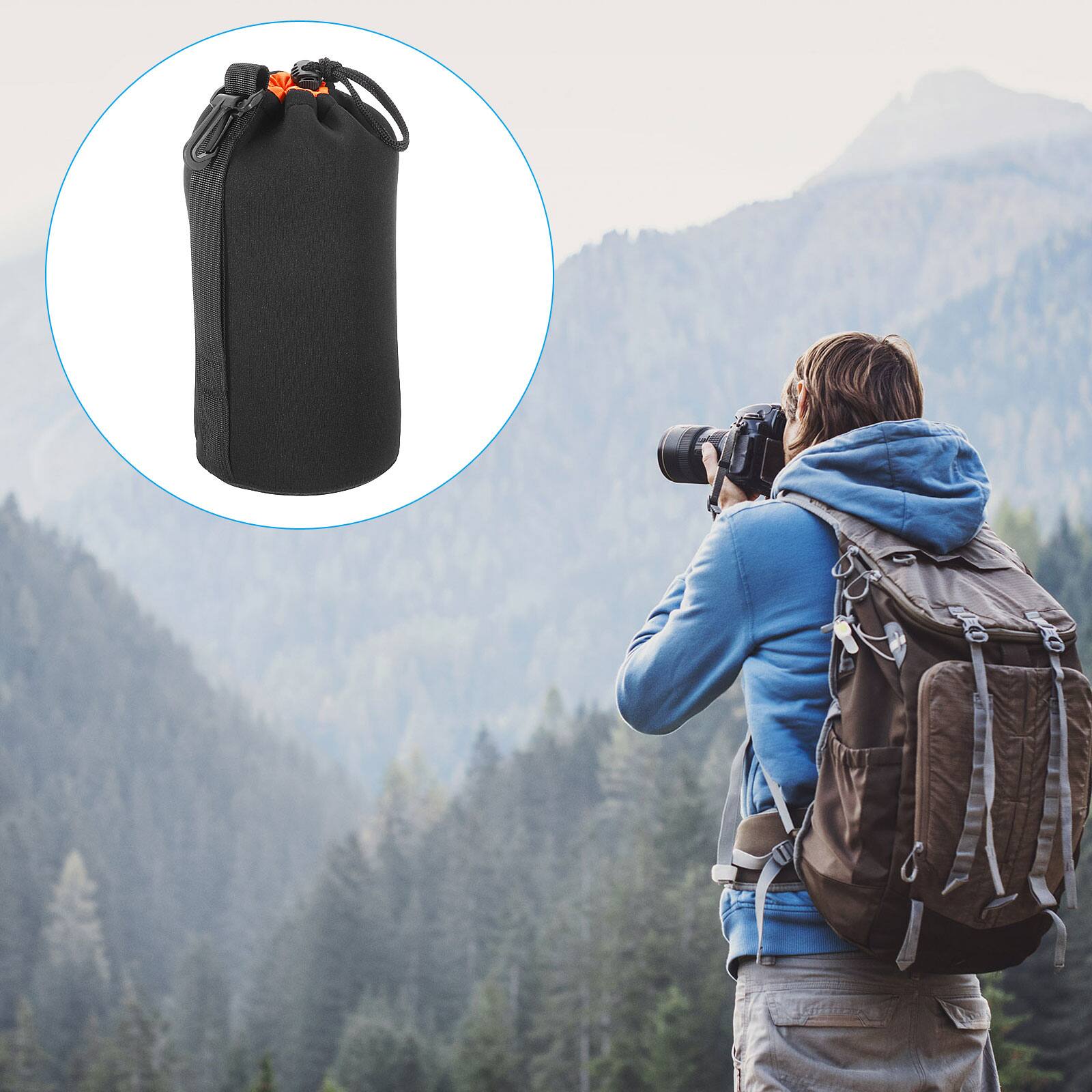 Alt View 6. Unique Bargains - Camera Lens Bag, 2pcs 3.7"x9.8" Drawstring Pouch with Thick Neoprene for DSLR Lens, Water Coffee Cups - Black Orange.