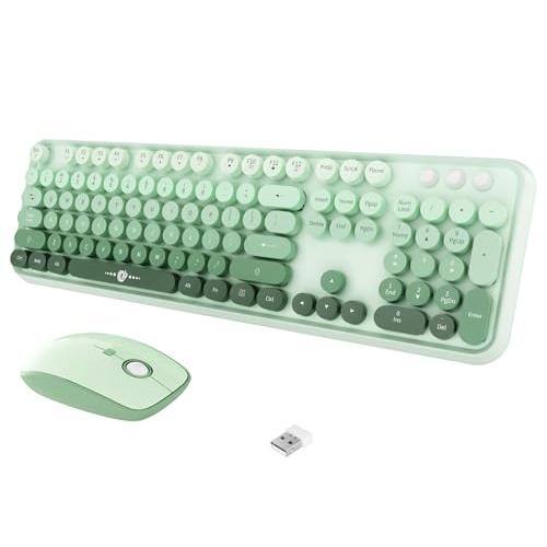 Stamp n Camp - Wireless Mouse Combo 104 Round Keys Cute Colorful With Retro Typewriter Style Full Size Number Pad&mouse 3 Dpi For Pc - V2020 Green Colorful