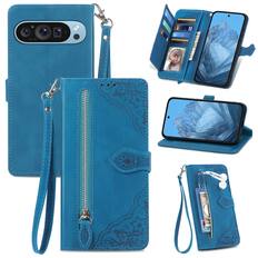 Front. Dteck - for Google Pixel 10 Pro/10 & 9/9 Pro Wallet Case,Shockproof PU Leather Card Holder Cover with Zipper Pocket & Wriststrap - Blue.