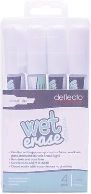 Deflecto  
Chisel Tip  
Wet Erase Markers  

Ideal for writing on non-porous surfaces, windows, glass, and Deflecto Wet Erase Signs  
Non-toxic and odor free  
Conforms to ASTM D-4238  
Cleans easily with water; leaves no ghosting  

4 pack