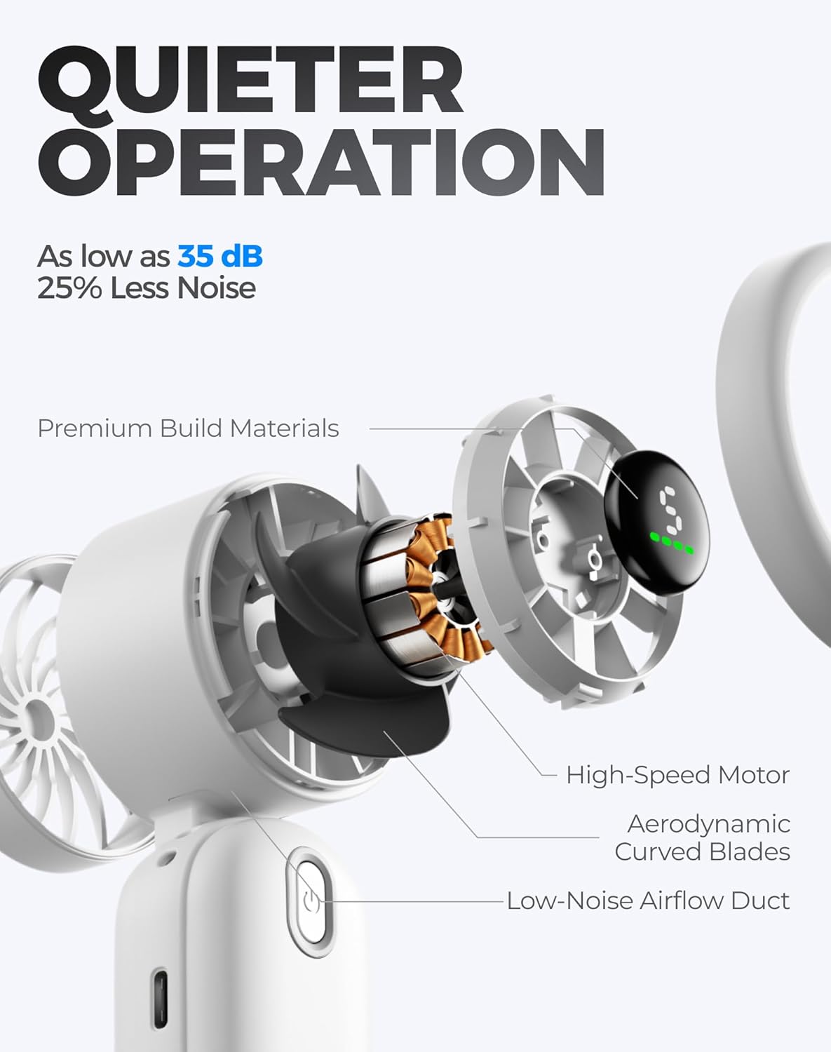 QUIETER OPERATION  
As low as 35 dB  
25% Less Noise  
Premium Build Materials  
High-Speed Motor  
Aerodynamic Curved Blades  
Low-Noise Airflow Duct