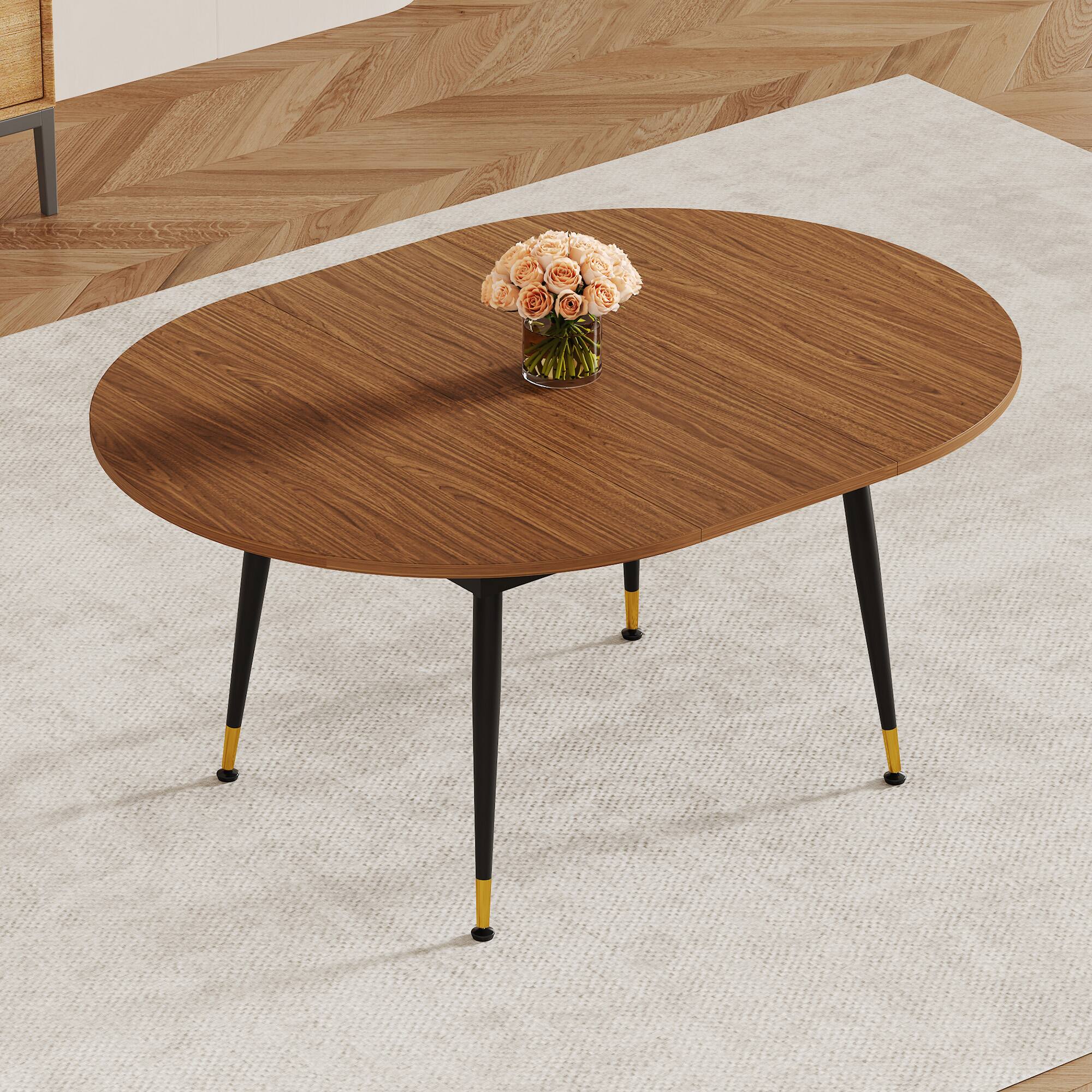 Angle. Loheer - Loheer- Walnut Oval Extendable Dining Table 6.56x3.93x2.42 ft Modern Expandable Kitchen Table Seats Ten with Metal Legs - Black,Walnut.
