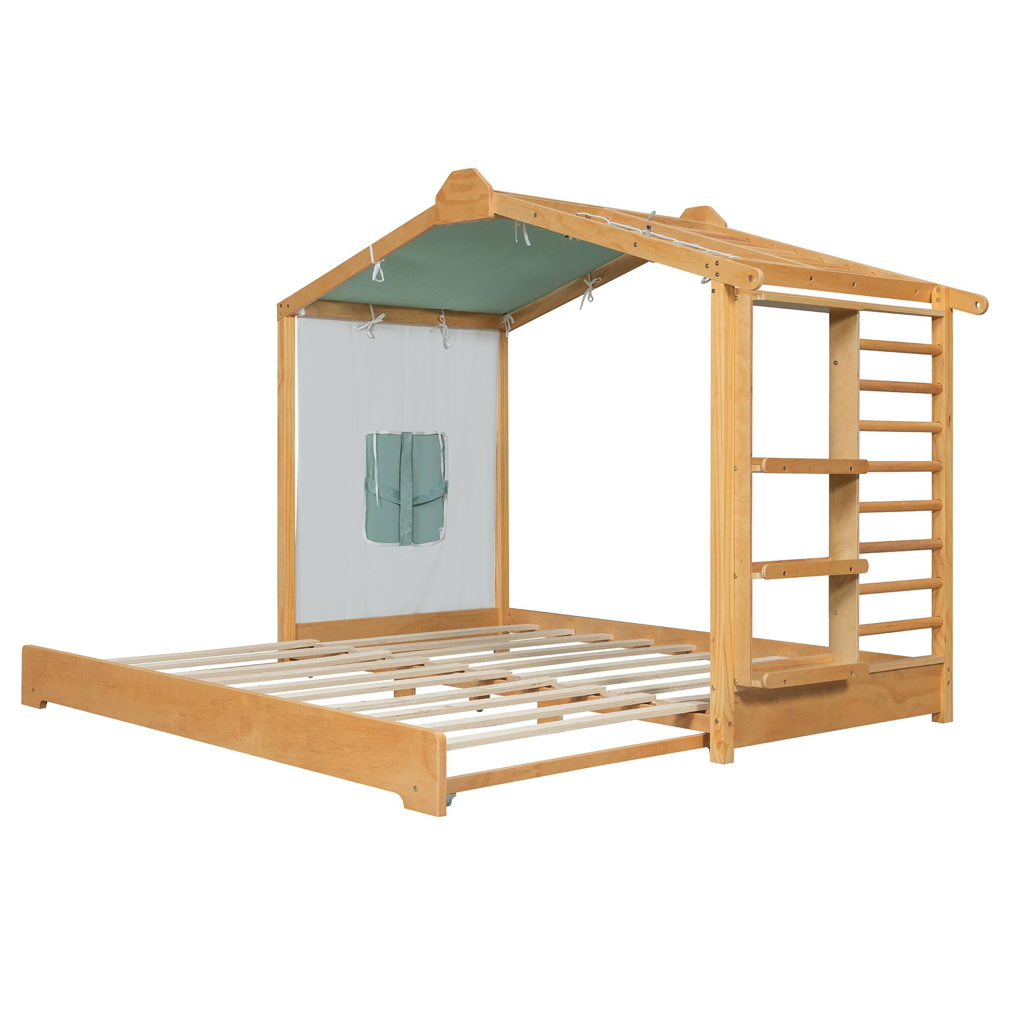 Back. Anysun - Twin Size House Bed with Twin Size Trundle and Side Shelves - Natural.