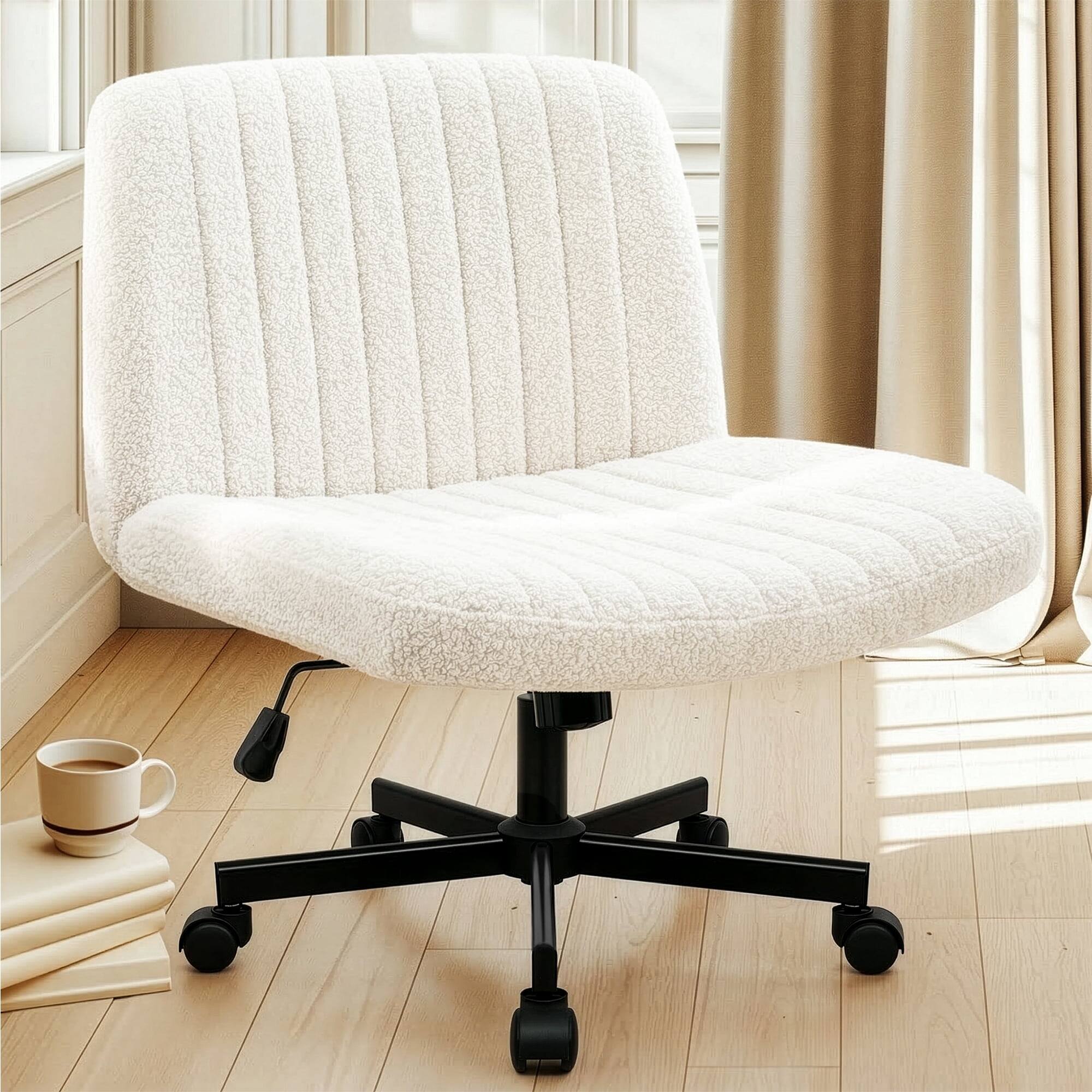 Alt View 4. Neo Chair - Criss Cross Chair with Wheels, Teddy Fabric Armless Office Chair, Ergonomic Wide Seat Computer Desk Chair - Teddy Fabric-White.