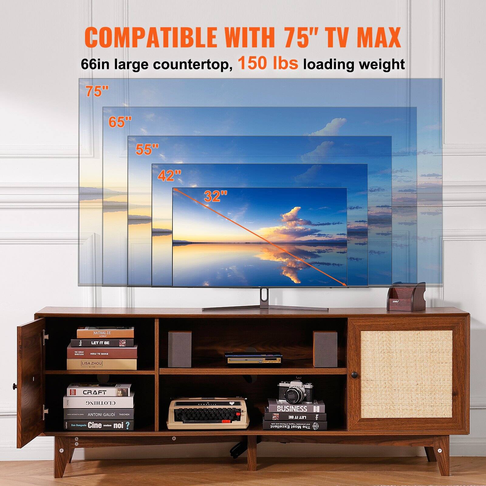 COMPATIBLE WITH 75" TV MAX  
66in large countertop, 150 lbs loading weight  

75"  
65"  
55"  
42"  
32"  

NATALIE  
LET IT BE  
LISA ZHOU  
CRAFT  
CLOTHING  
ANTON GAUDI  
Cine - noi ?  
BUSINESS  
LEAD TO LEAD  
THE COMPLETE WORKS OF WILLIAM SHAKESPEARE