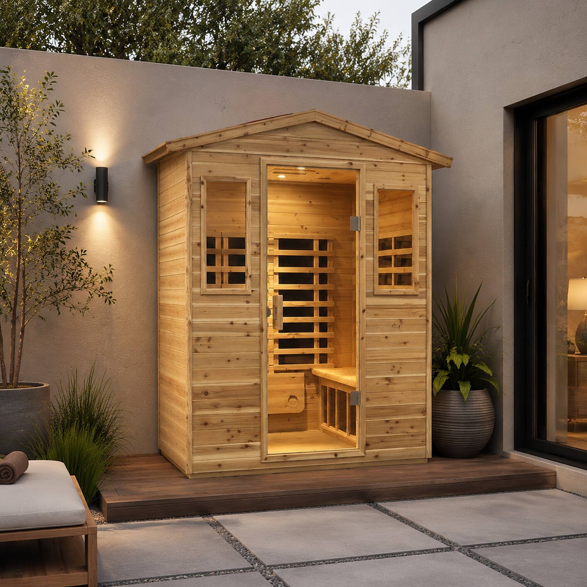 Left. RYHNUYNE - Four Person Far-Infrared Outdoor Sauna Room, Old Fir Wood, 48.66 in Wide, 2100W, 8 Heating Panels, Bluetooth Audio, LCD - Natural.