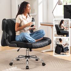 Front. Brick Attic - Criss Cross Office Chair with 2-in-1 Flip Backrest – Ergonomic PU Leather Floor Sitting Chair, Adjustable Height - Black.