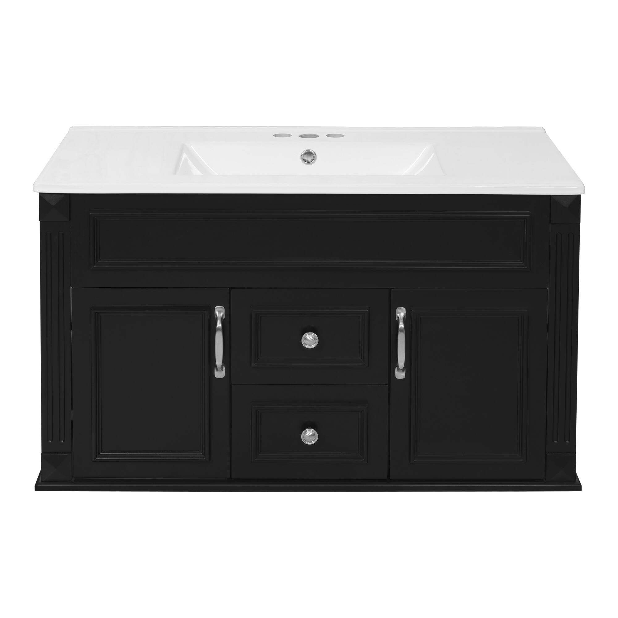 Back. Whisen - 36" Wall Mounted Bathroom Vanity Cabinet with Sink Drawers and Soft Closing Hinges Floating Storage - Black.
