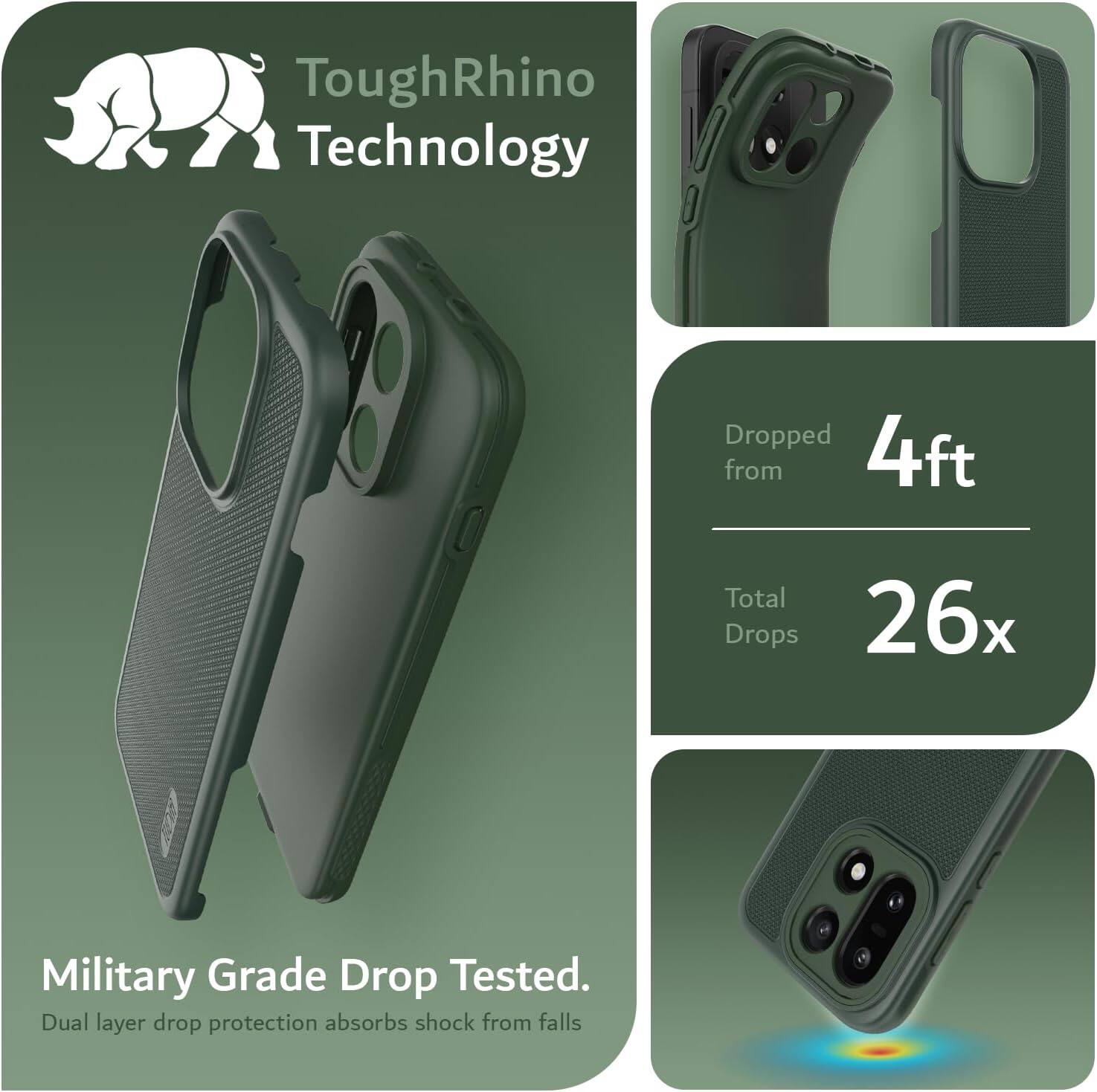 ToughRhino Technology

Dropped from 4ft  
Total Drops 26x

Military Grade Drop Tested.  
Dual layer drop protection absorbs shock from falls