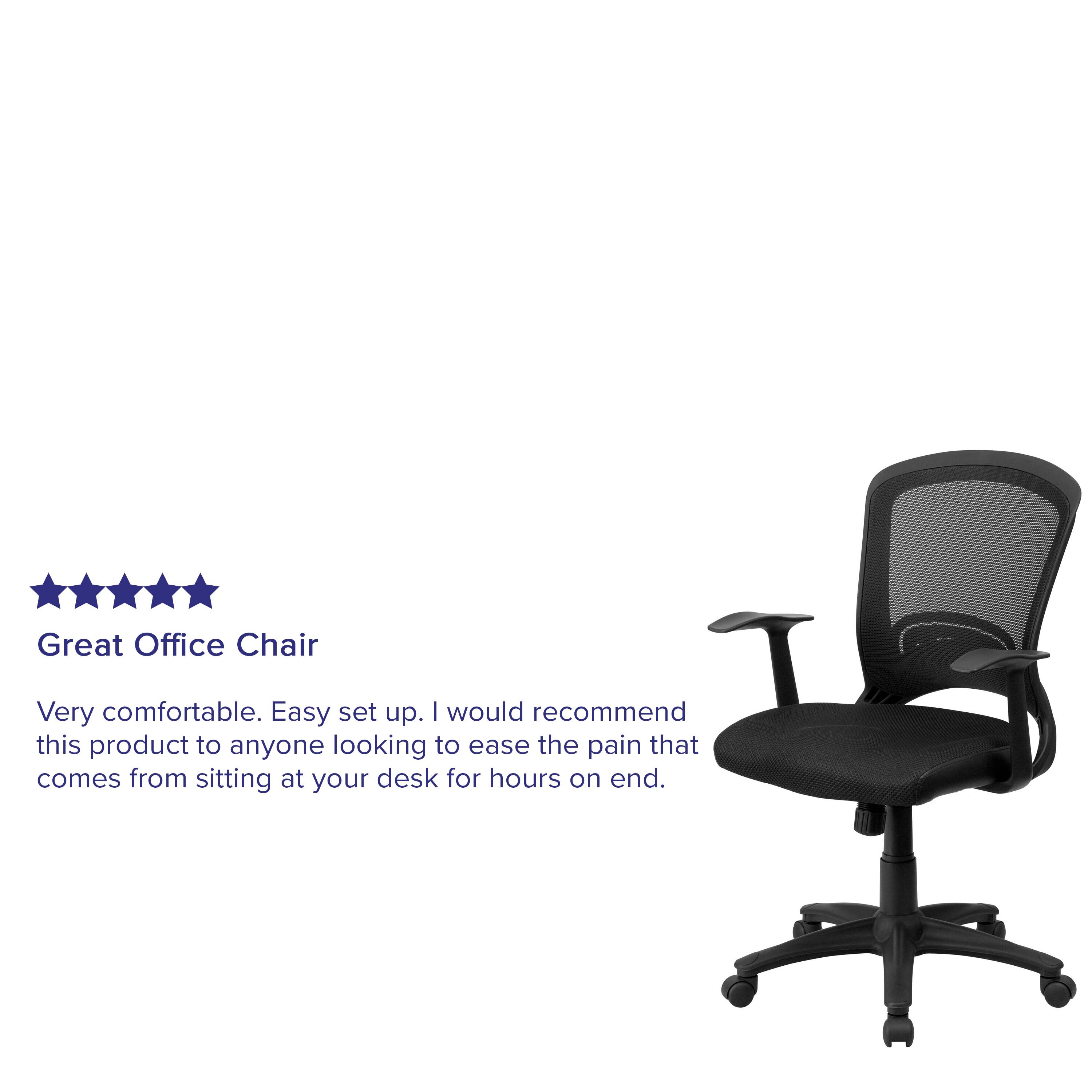 Great Office Chair  
Very comfortable. Easy set up. I would recommend this product to anyone looking to ease the pain that comes from sitting at your desk for hours on end.