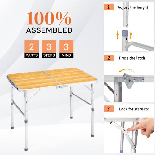 100% ASSEMBLED

1. Adjust the height
2. Press the latch
3. Lock for stability

PARTS STEPS 3 MINS