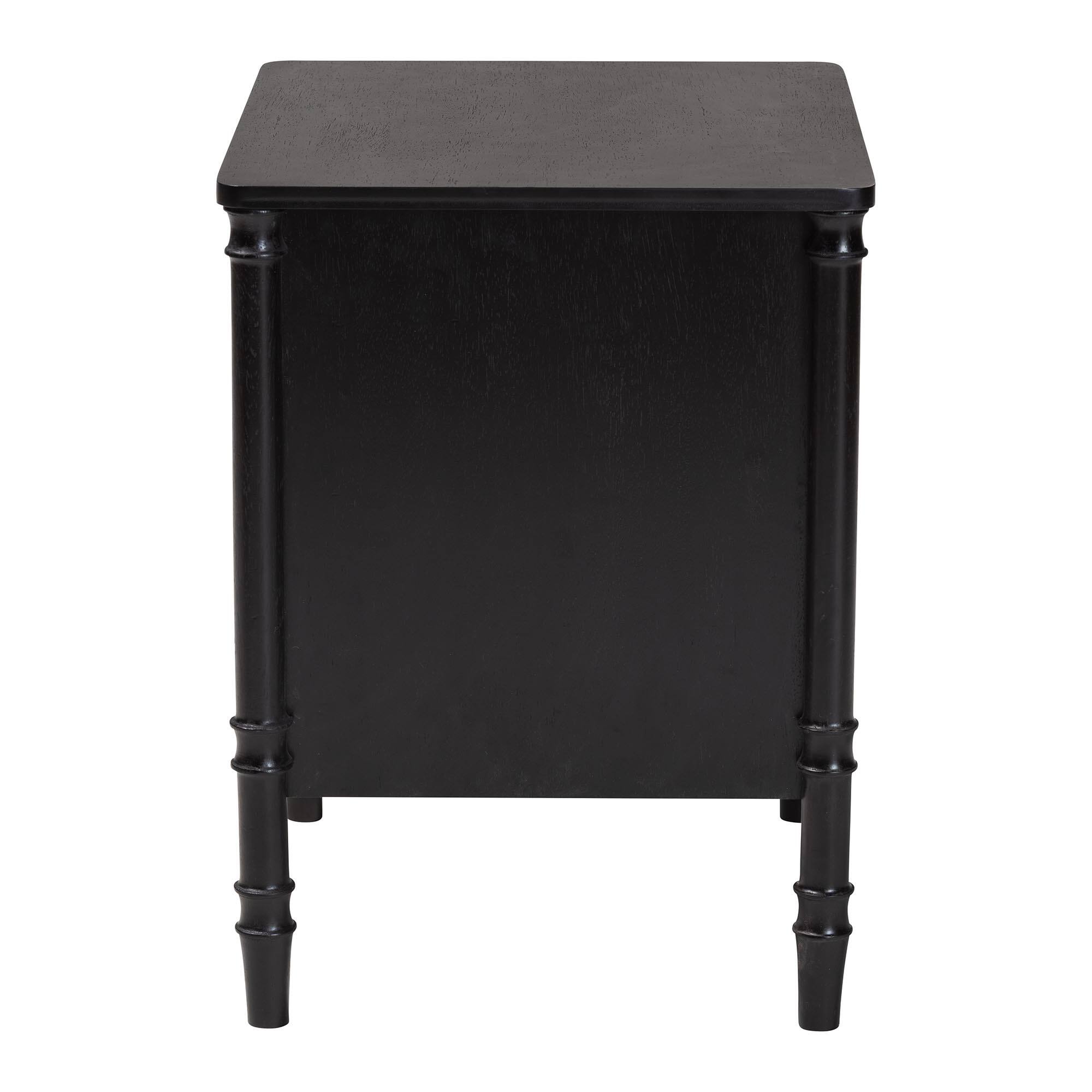 Back. Baxton Studio - Marisela Wood Nightstand with Gold Handles - 2-Drawer Bedside Table with Bamboo-Inspired Legs - Black.