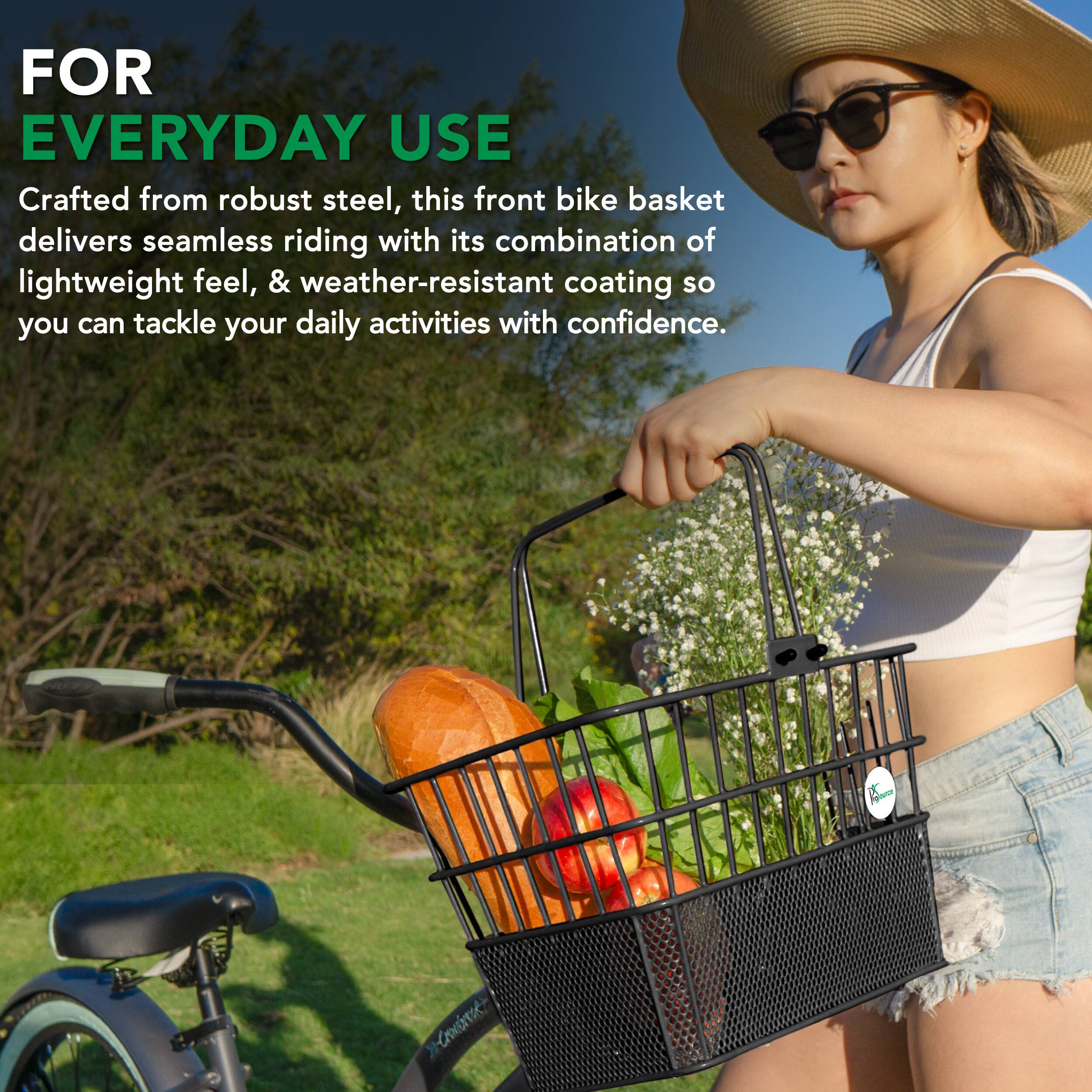 FOR EVERYDAY USE
Crafted from robust steel, this front bike basket delivers seamless riding with its combination of lightweight feel, & weather-resistant coating so you can tackle your daily activities with confidence.
