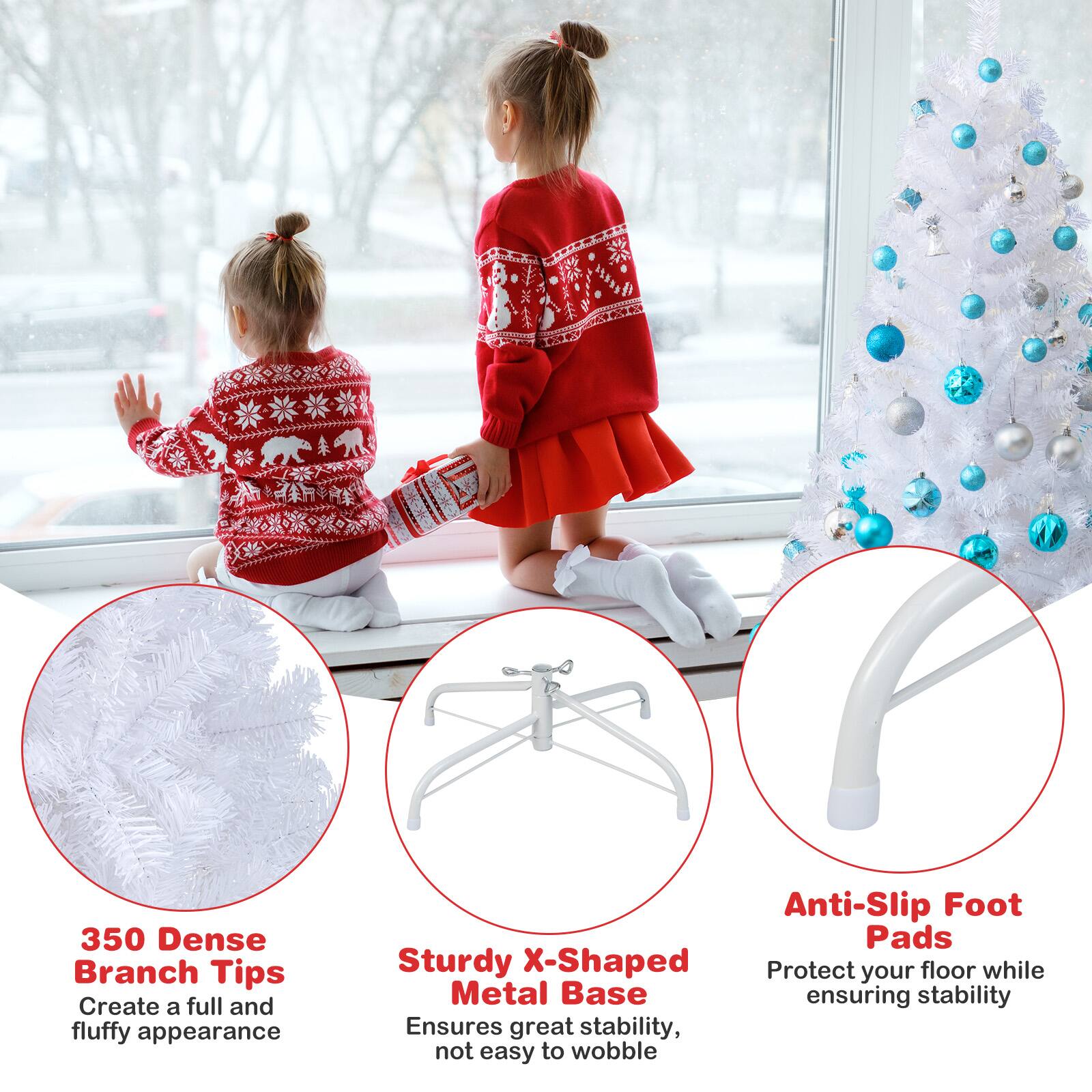 The text on the image is grouped as follows:

1. 350 Dense Branch Tips: Create a full and fluffy appearance.
2. Sturdy X-Shaped Metal Base: Ensures great stability, not easy to wobble.
3. Anti-Slip Foot Pads: Protect your floor while ensuring stability.