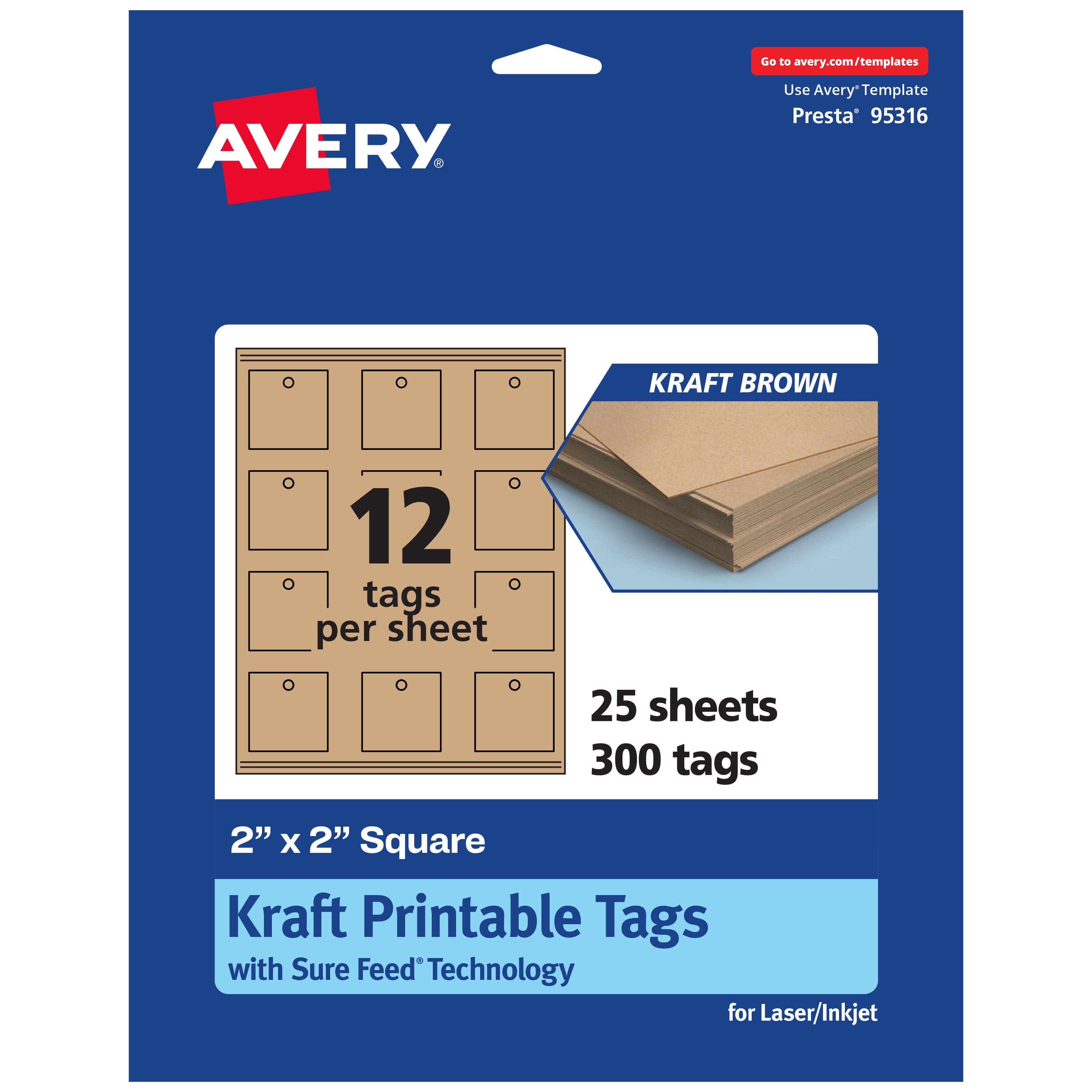 Avery - 2" x 2" Square Tags, Kraft Tags, 300ct - Brown