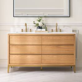 WELLFOR - 60" Freestanding Solid Wood Bathroom Vanity with Carrara White Quartz Vanity Top & 6 Soft-Close Drawers and Backsplash - Oak