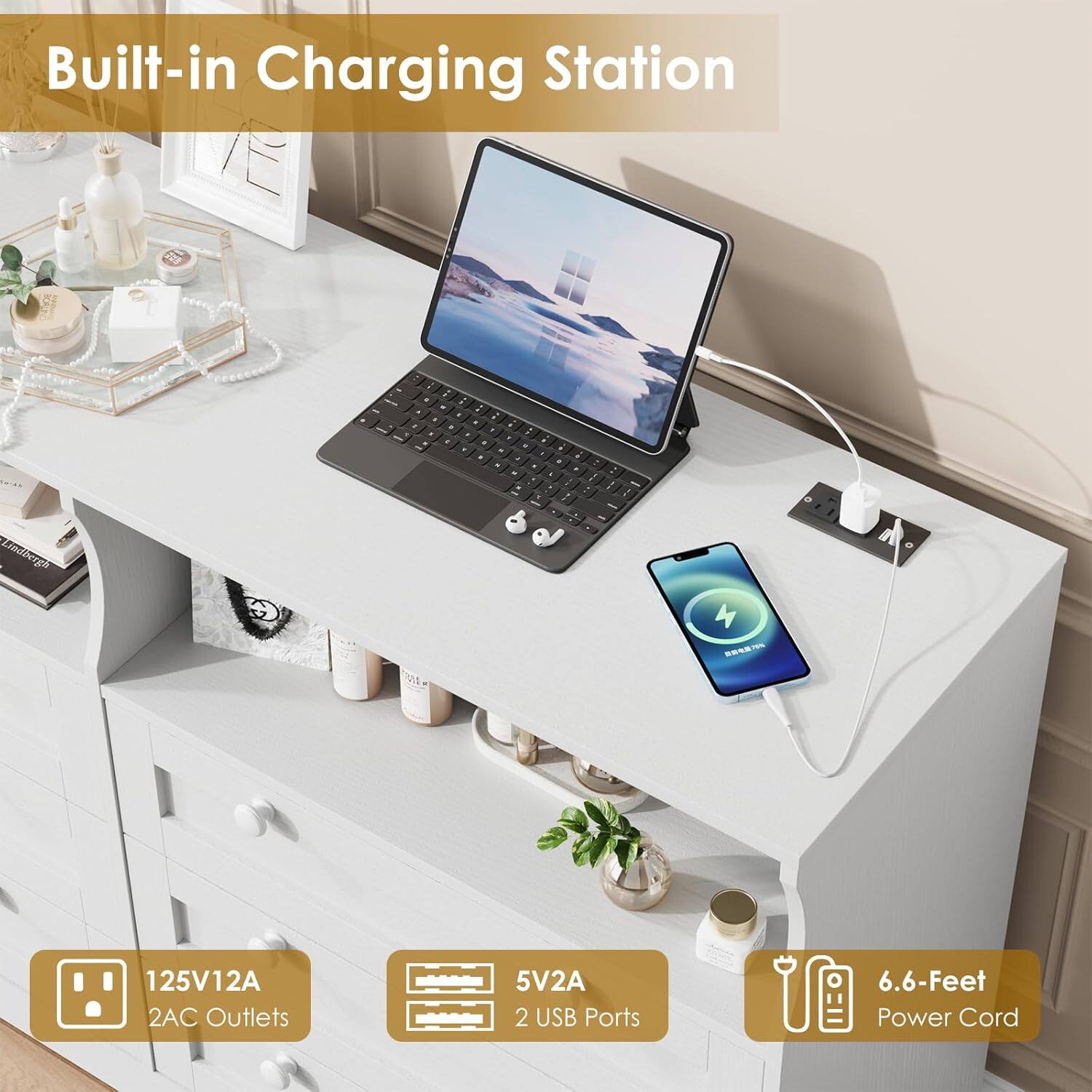 Built-in Charging Station

- 125V12A 2AC Outlets
- 5V2A 2 USB Ports
- 6.6-Feet Power Cord
