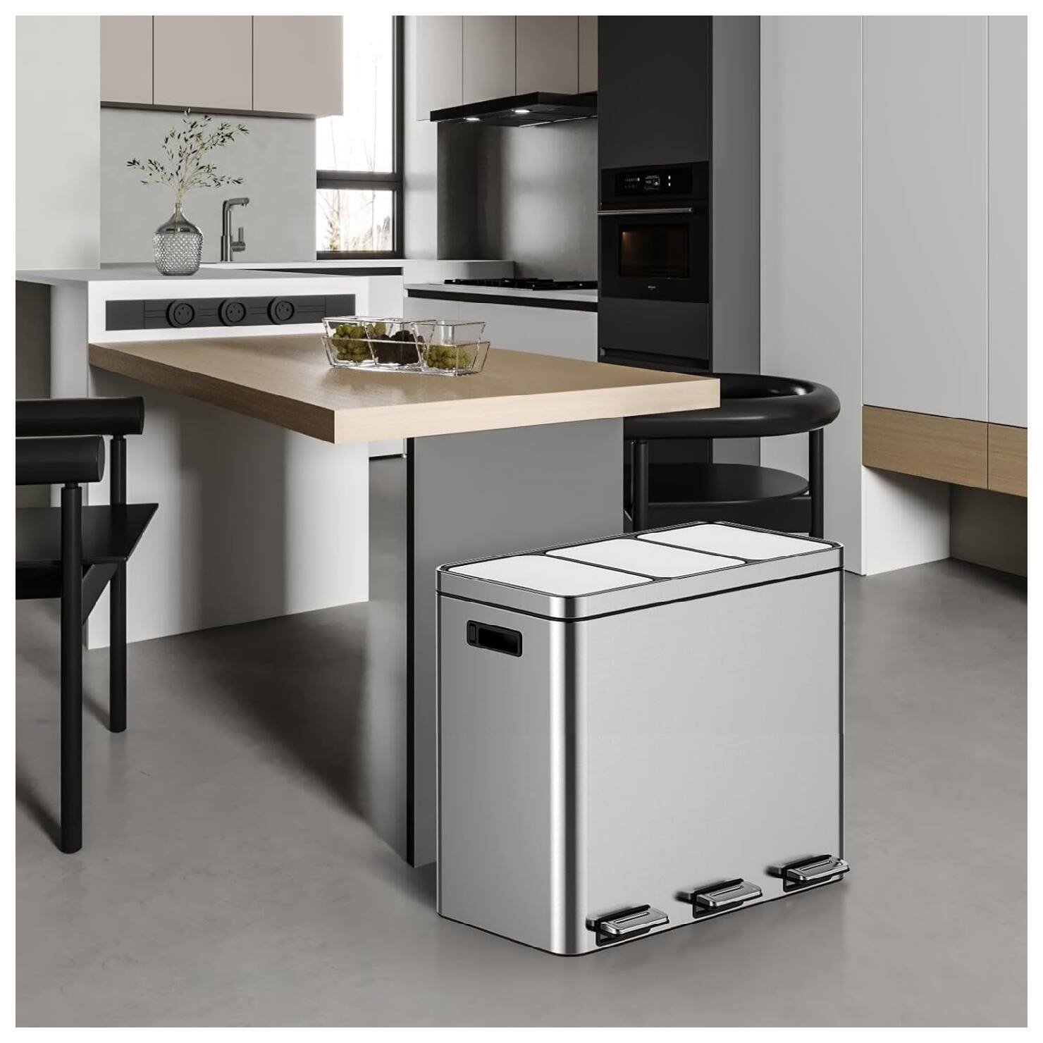 Angle. GARVEE - Three Compartment Trash Can - 60L/16 Gal Stainless Steel Kitchen Trash Can - Silver.