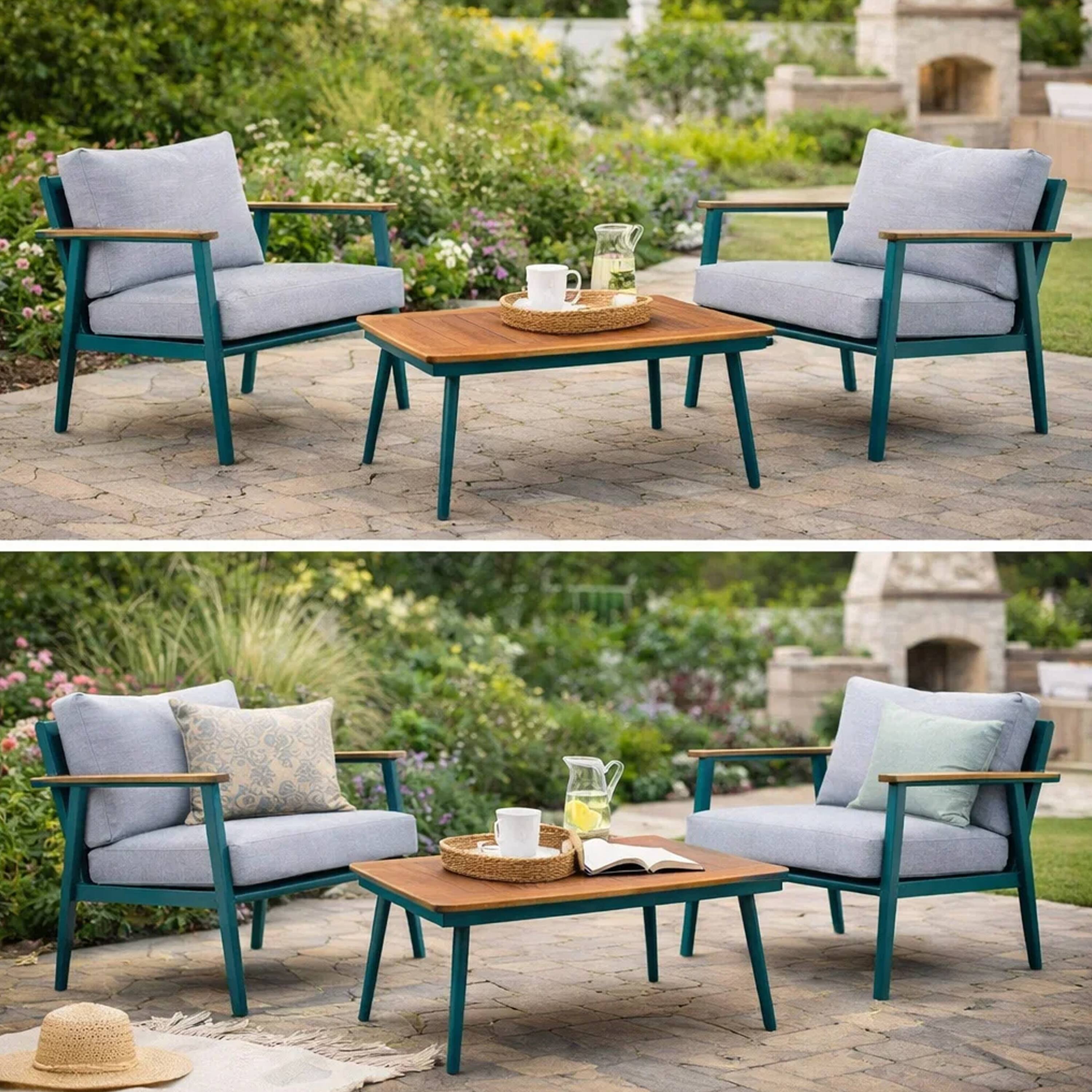 Alt View 8. Manhattan Lane - 3 Piece Outdoor Coffee Table and Chairs Set, Wood Planks, Gray, Green - Gray, Green, Brown.