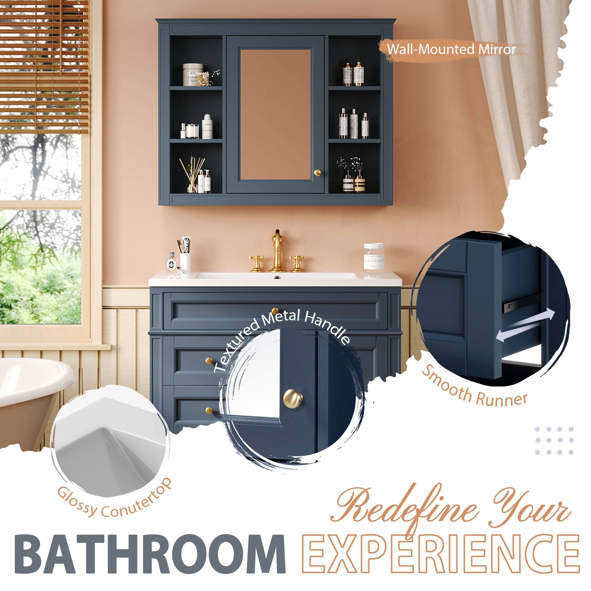 Wall-Mounted Mirror  
Metal Textured Handle  
Smooth Runner  
Glossy Countertop  
Redefine Your BATHROOM EXPERIENCE
