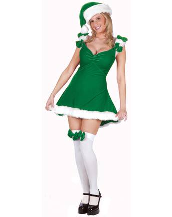 Front. Fun World - Green and White Elf Women Adult Christmas Costume - Medium - Green.