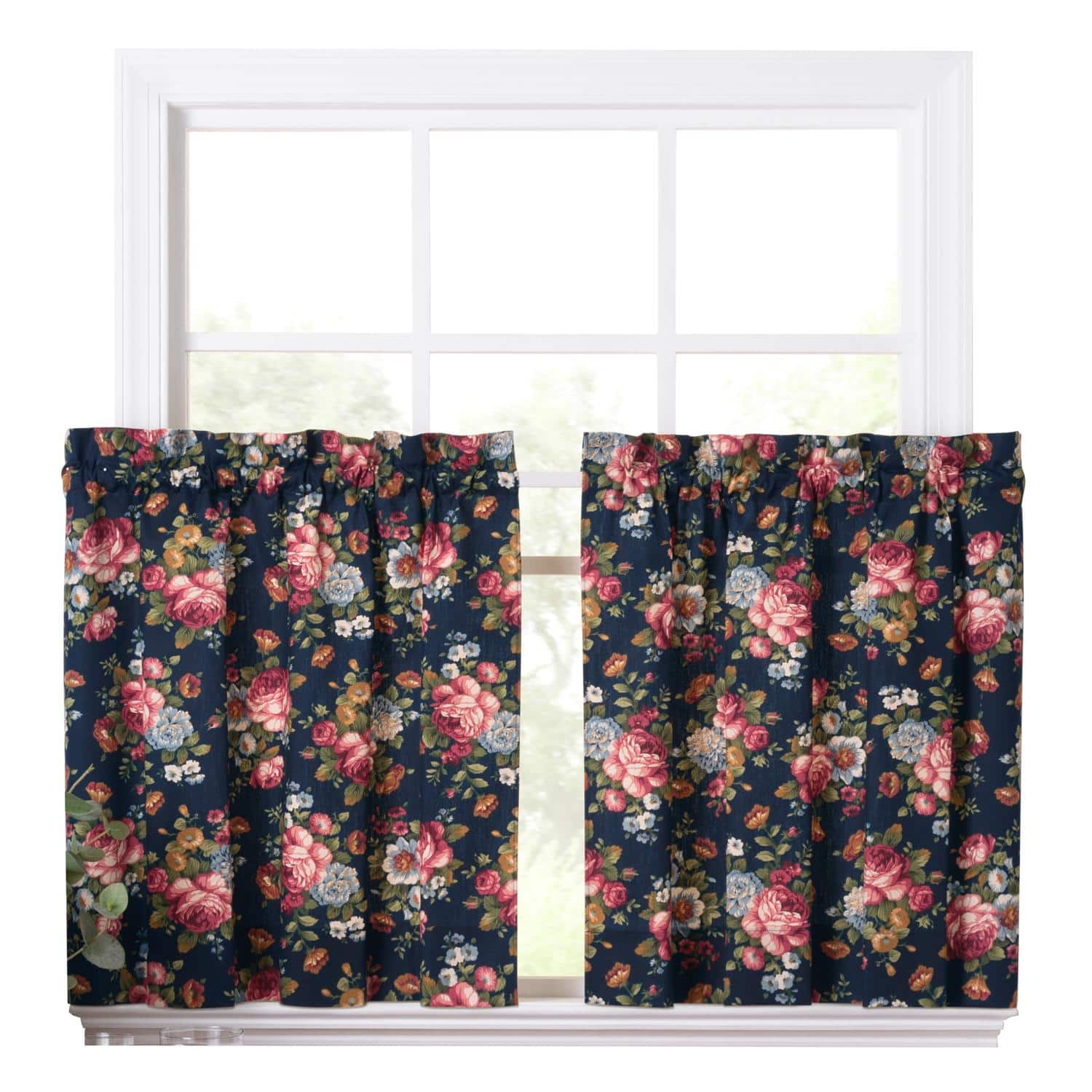 Ellis Curtain - Ellis Bella Rose Stylish Medium Scale Printed Floral Pattern 1.5" Rod Pocket Tier for Windows 56"x36" - Navy