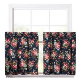 Ellis Curtain - Ellis Bella Rose Stylish Medium Scale Printed Floral Pattern 1.5" Rod Pocket Tier for Windows 56"x24" - Navy