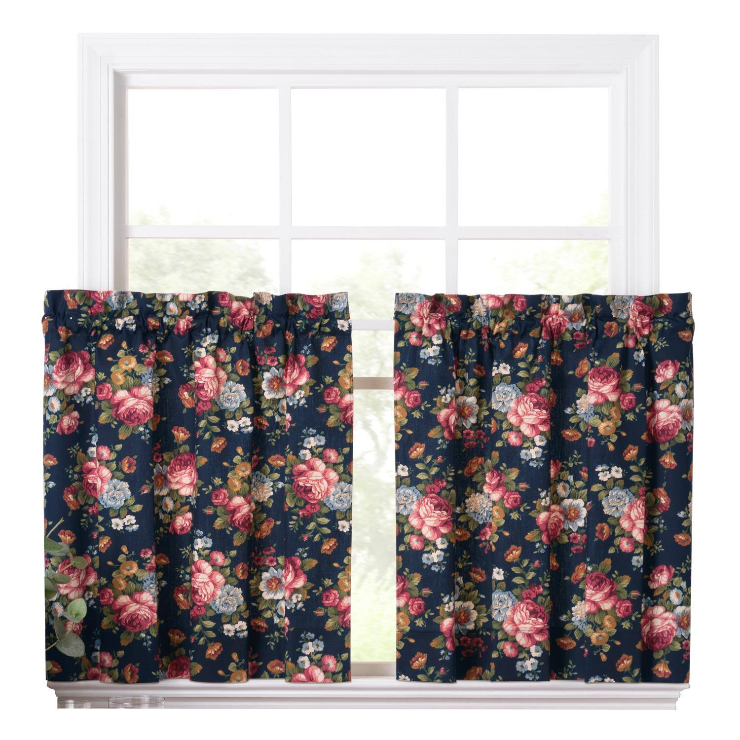 Front. Ellis Curtain - Ellis Bella Rose Stylish Medium Scale Printed Floral Pattern 1.5" Rod Pocket Tier for Windows 56"x24" Navy - Navy.
