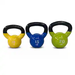 Fitvids - Vinyl-Coated Kettlebell Weights, Set of 10, 15, and 20 lb, Multicolor - Yellow, Blue, and Lemon