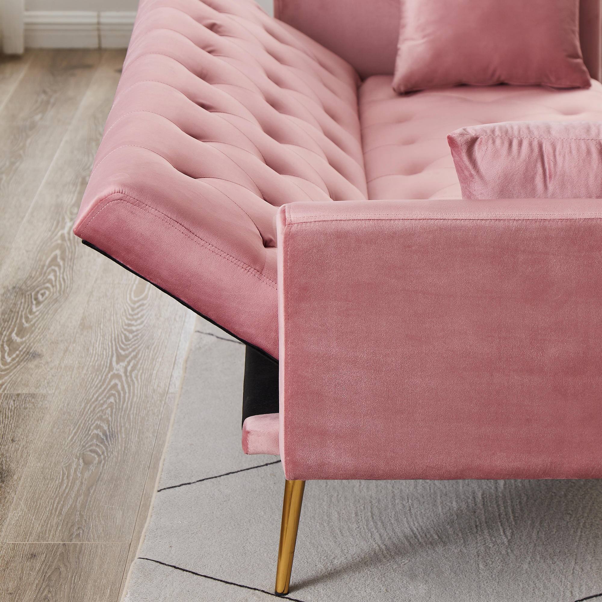Alt View 5. Meqiodas - Convertible Sofa Bed Modern Futon Set, Velvet Foldable Reclining Loveseat, Three Adjustment Angles, Easy Assembly - PINK.