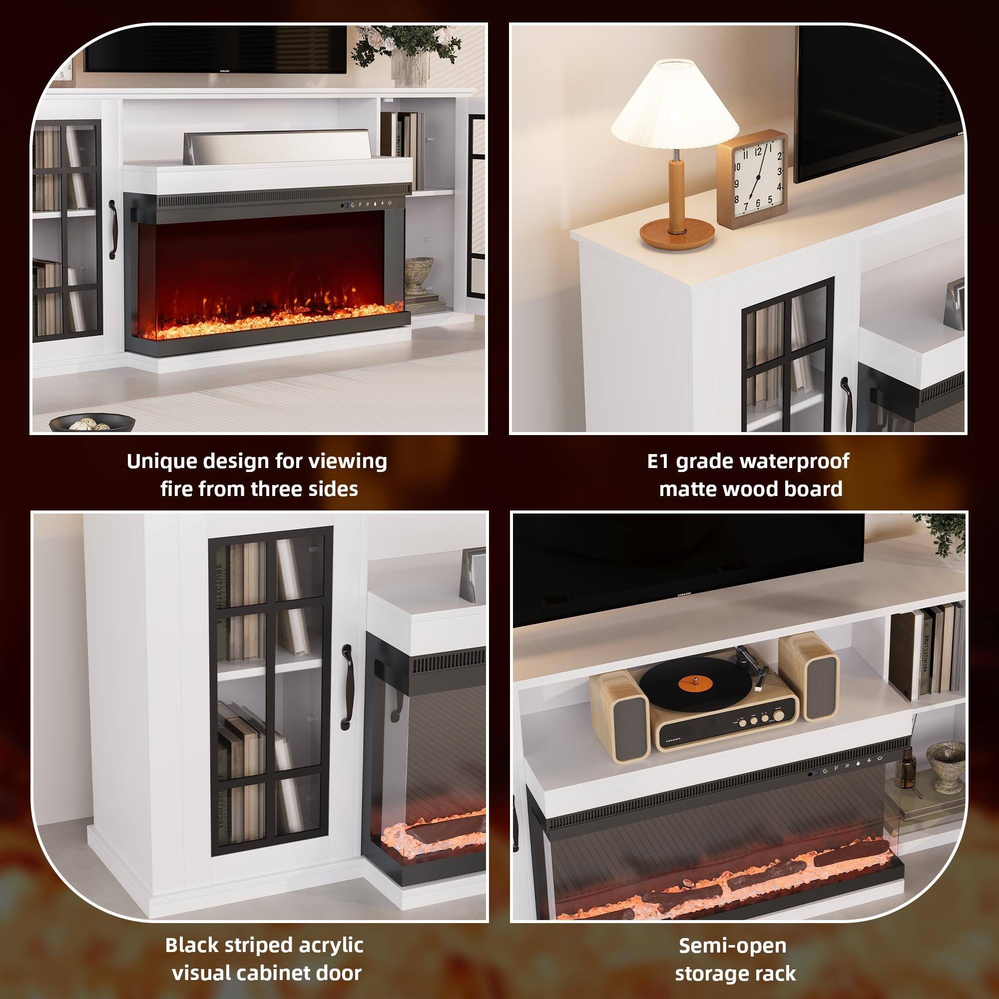 1. Unique design for viewing fire from three sides
2. E1 grade waterproof matte wood board
3. Black striped acrylic visual cabinet door
4. Semi-open storage rack