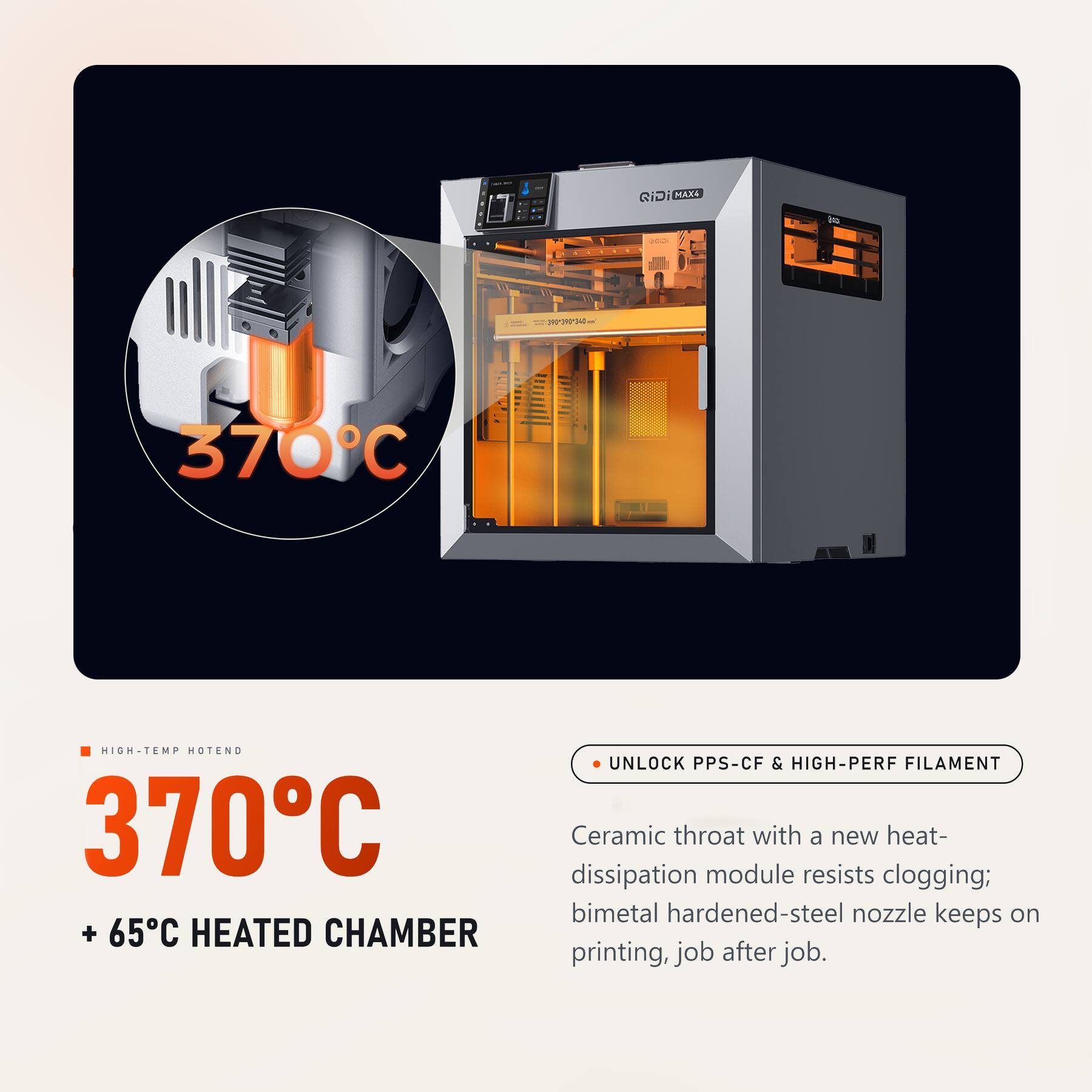 RiDi MAX4

200
299739340
370C
HIGH-TEMP HOTEND 370C +65C HEATED CHAMBER
UNLOCK PPS-CF & HIGH-PERF FILAMENT

Ceramic throat with a new heat-dissipation module resists clogging; bimetal hardened-steel nozzle keeps on printing, job after job.