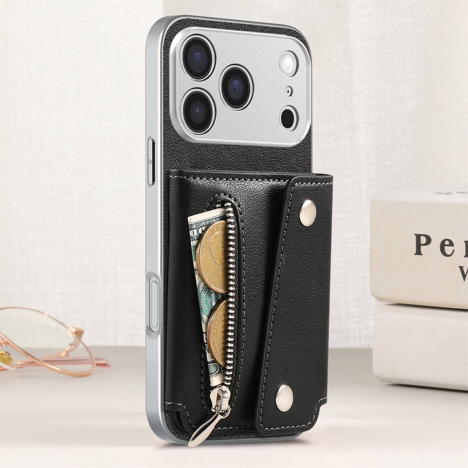 Back. Dteck - PU Leather Wallet Case for Apple iPhone 17 Pro Max, Shockproof Kickstand Phone Cover with Card Slots and Zipper Pocket - Black.