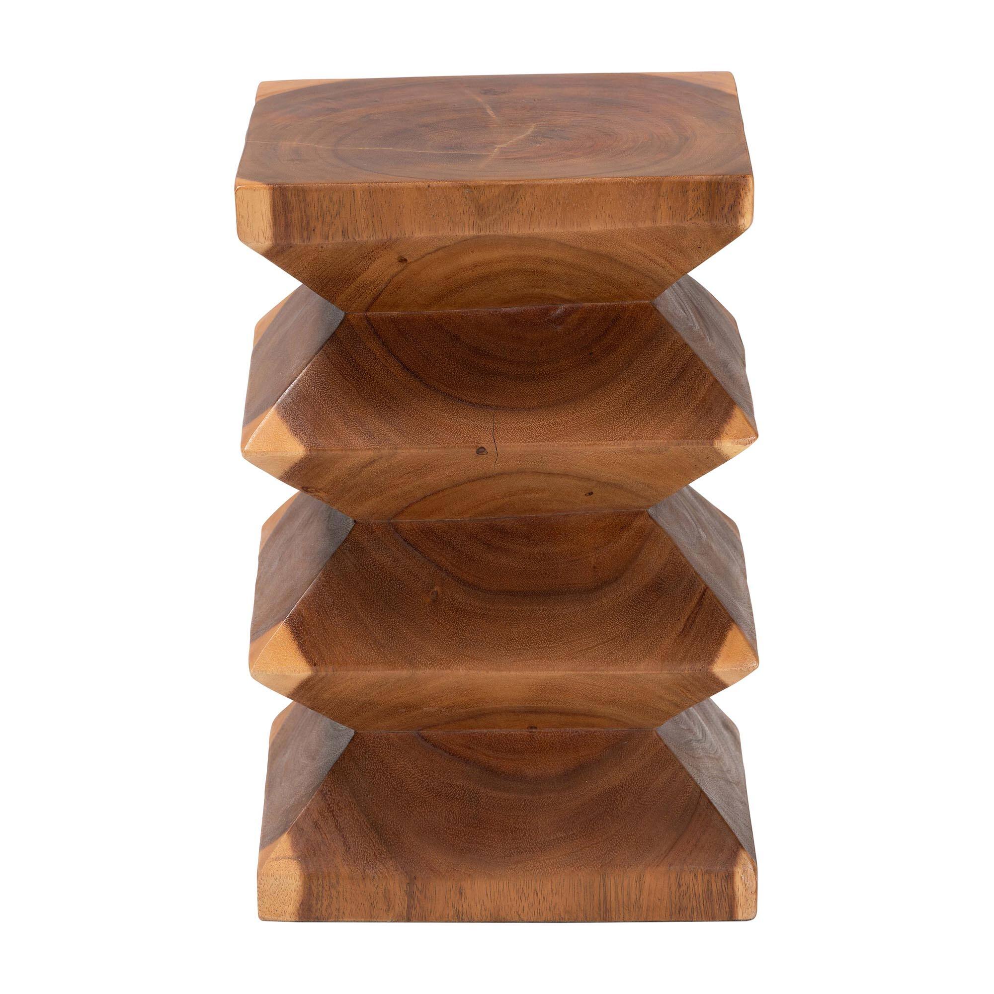 Left. bali & pari - Malati Solid Suar Wood Side Table - Hand-Carved Sculptural End Table with Zigzag Design, Modern Boho Style - Natural Brown.
