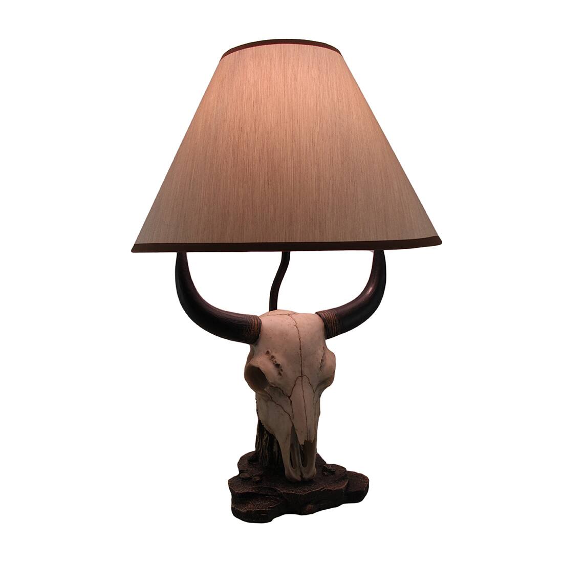 Front. Zeckos - Cattle Ranch Decorative Steer Skull Table Lamp with Beige Fabric Shade - Beige.