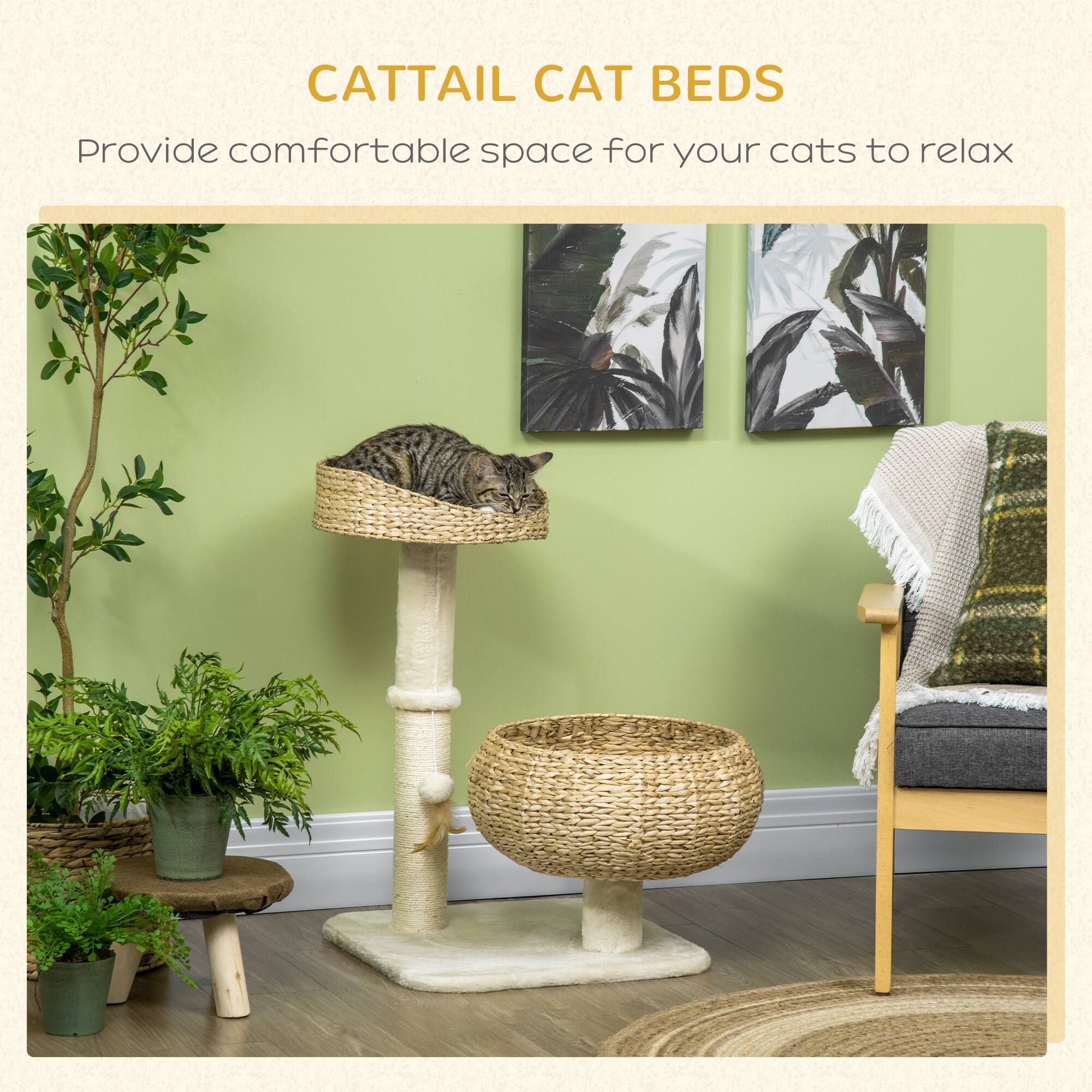 Back. Pawhut - 28" Elevated Cat Bed with Sisal Scratching Post, Modern Cat Tree with Cute Basket Design, Cat Tree with Fun Ball Toy - Beige.