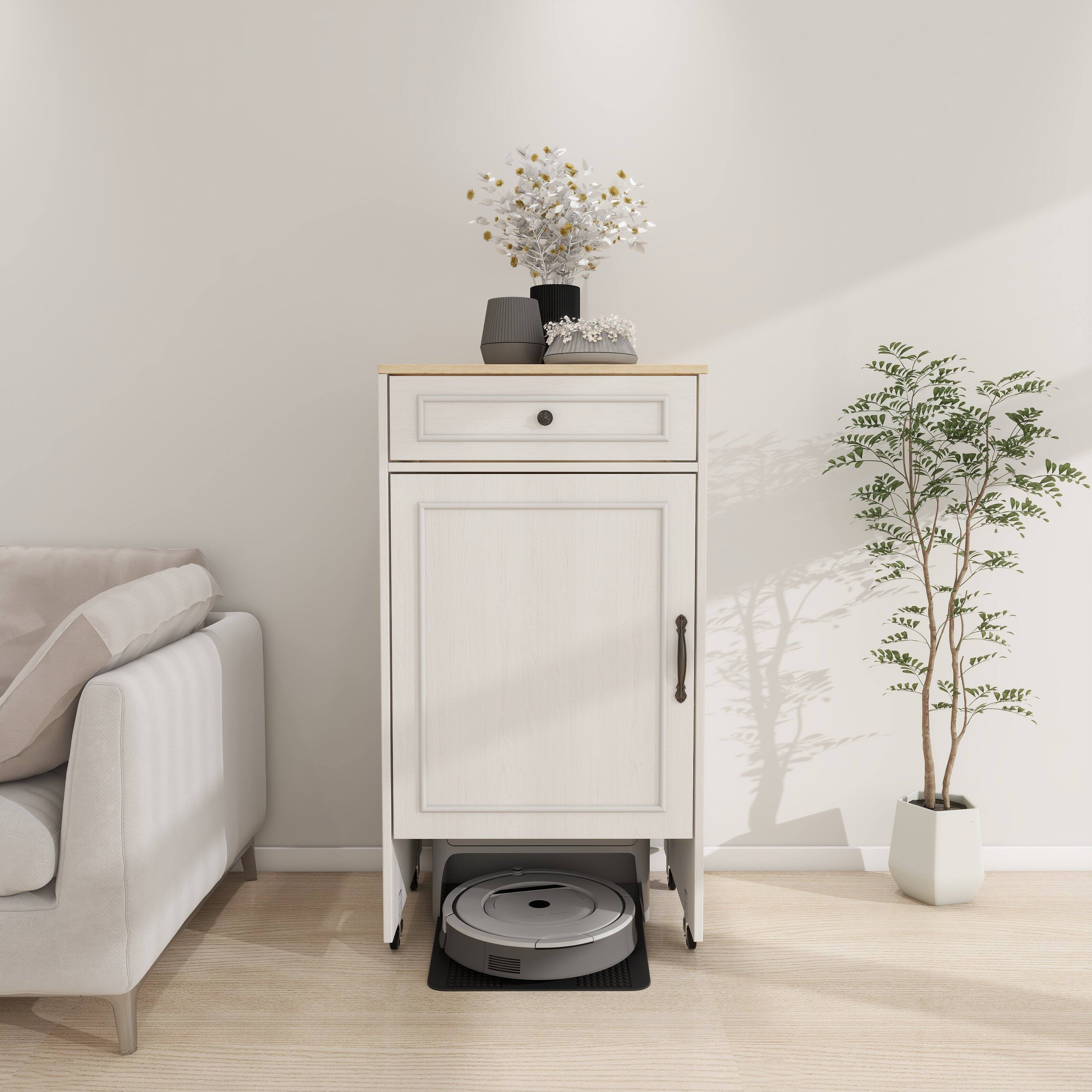 Front. APRILSOUL - Antique White Rolling Storage Cabinet Robot Vacuum Hideaway Adjustable Shelf - Antique White.