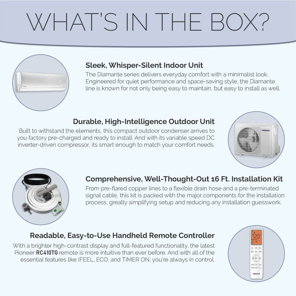 WHAT'S IN THE BOX?

Sleek, Whisper-Silent Indoor Unit
The Diamante series delivers everyday comfort with a minimalist look. Engineered for quiet performance and space-saving style, the Diamante line is known for not only being easy to maintain, but easy to install as well.

Durable, High-Intelligence Outdoor Unit
Built to withstand the elements, this compact outdoor condenser arrives to you factory pre-charged and ready to install. And with its variable speed DC inverter-driven compressor, it's smart enough to match your comfort needs.

Comprehensive, Well-Thought-Out 16 Ft. Installation Kit
From pre-flared copper lines to a flexible drain hose and a pre-terminated signal cable, this kit is packed with the major components for the installation process, greatly simplifying setup and reducing any installation guesswork.

Readable, Easy-to-Use Handheld Remote Controller
With a brighter high-contrast display and full-featured functionality, the latest Pioneer RC410TG remote is more intuitive than ever before. And with all of the essential features like IFEEL, ECO, and TIMER ON, you're always in control.