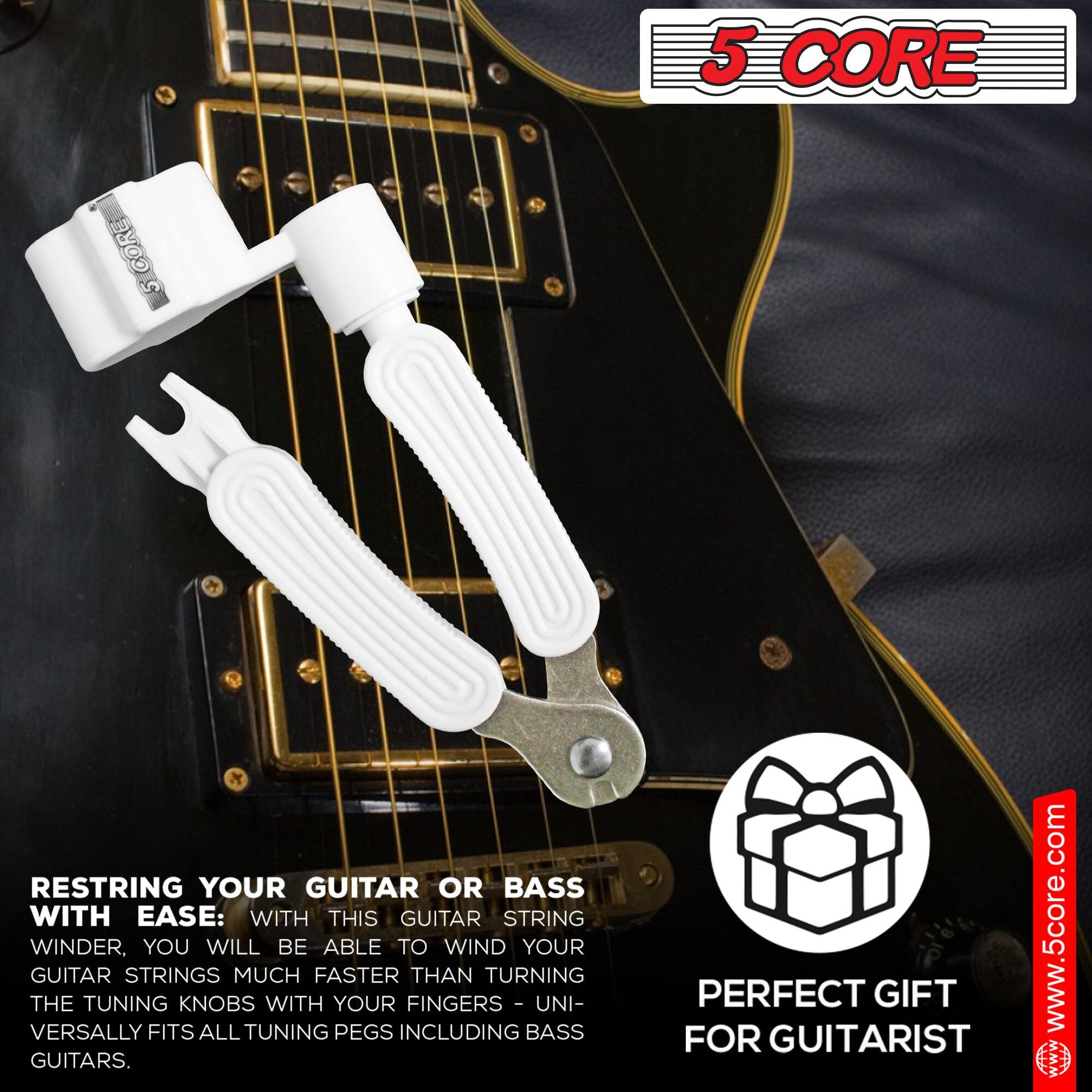5 CORE

RESTRING YOUR GUITAR OR BASS WITH EASE: WITH THIS GUITAR STRING WINDER, YOU WILL BE ABLE TO WIND YOUR GUITAR STRINGS MUCH FASTER THAN TURNING THE TUNING KNOBS WITH YOUR FINGERS - UNIVERSALLY FITS ALL TUNING PEGS INCLUDING BASS GUITARS.

PERFECT GIFT FOR GUITARIST

www.5core.com
