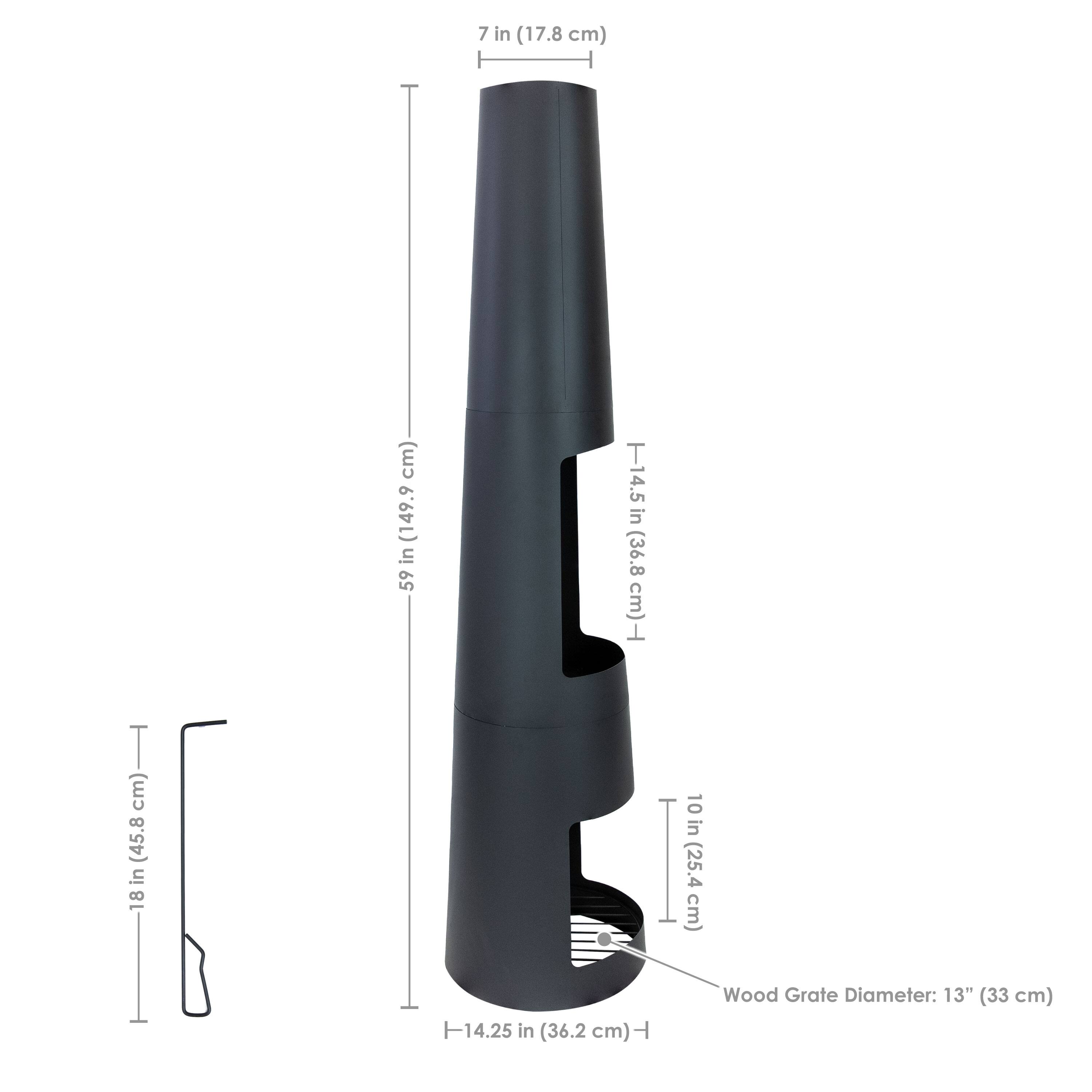 - Height: 59 in (149.9 cm)
- Width: 18 in (45.8 cm)
- Wood Grate Diameter: 13" (33 cm)
- 7 in (17.8 cm)
- 10 in (25.4 cm)
- 14.25 in (36.2 cm)
- 14.5 in (36.8 cm)