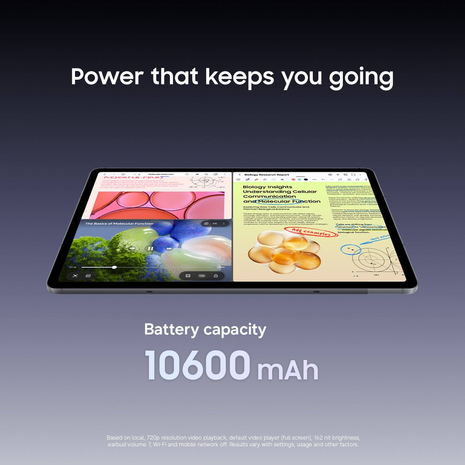 Power that keeps you going

Research FUCK

Biology rkinament Proguit

Biology Insights Understanding Cellular Communication and Molecular Function

Exploring - - Communicate DOG amounts INFORD -

The Basics of Molecular Function

Cella Add examples biological

Propic check

Battery capacity 10600 mAh

Based on local, 720p resolution video playback, default video player (full screen), 162 nit brightness, earbud volume 7, Wi-Fi and mobile network off. Results vary with settings, usage and other factors.
