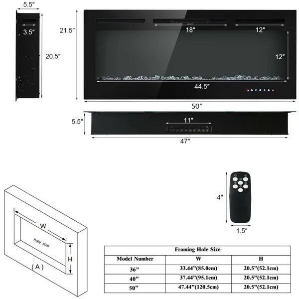 5.5"  
3.5"  
21.5"  
18"  
12"  
20.5"  
12"  
44.5"  
50"  
5.5"  
11"  
47"  
4"  

Whole size (A)  
Model Number  
Framing Hole Size  

W  
36"  
33.44" (85.0cm)  
37.44" (95.1cm)  
47.44" (120.5cm)  

H  
20.5" (52.1cm)  
20.5" (52.1cm)  
20.5" (52.1cm)  

1.5"  
40"  
28.5" (72.1cm)  
50"  
28.5" (72.1cm)