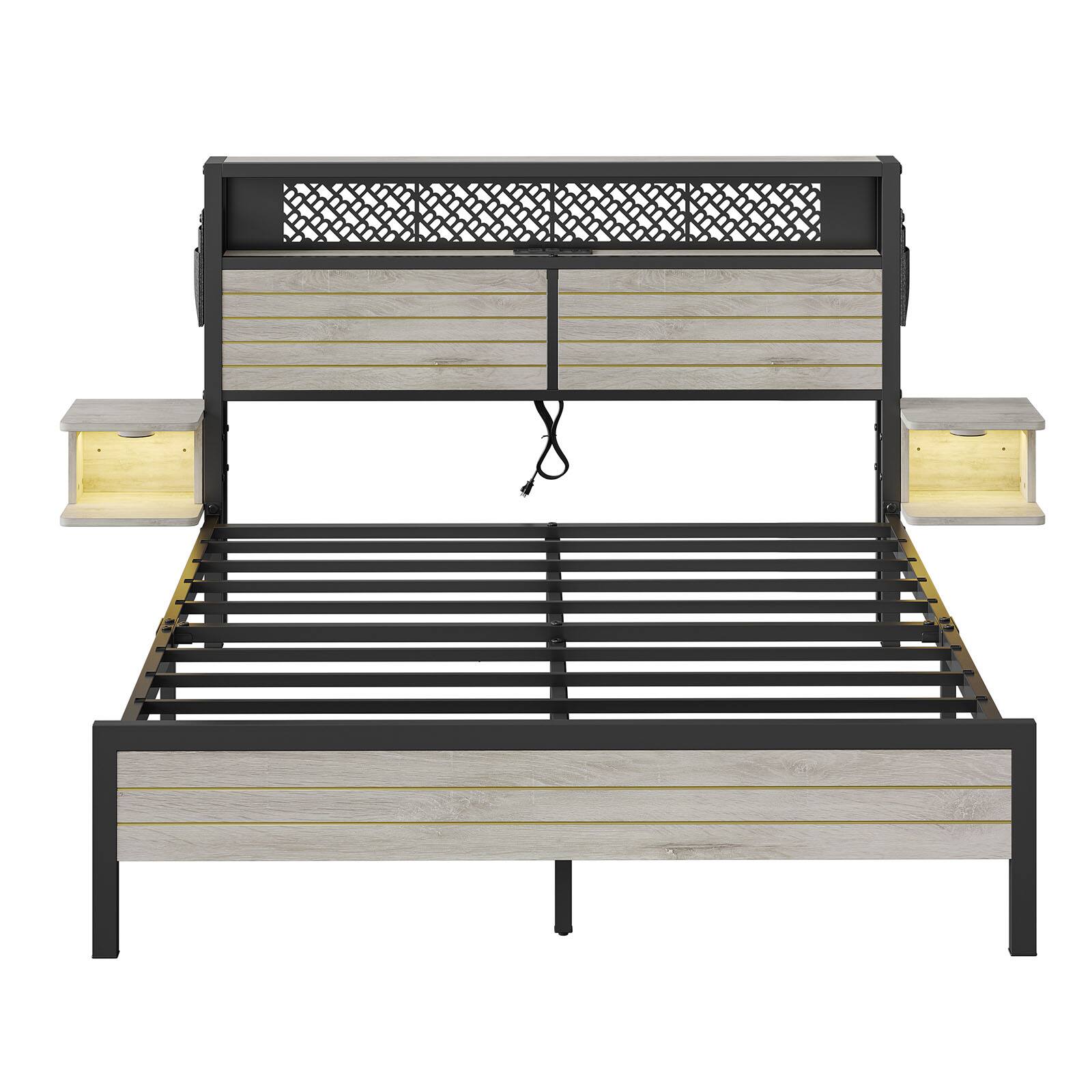 Left. Bestier - Bestier Queen Gaming Bed Frame Golden Stripe Headboard LED Nightstands with Charging Station - Gray.