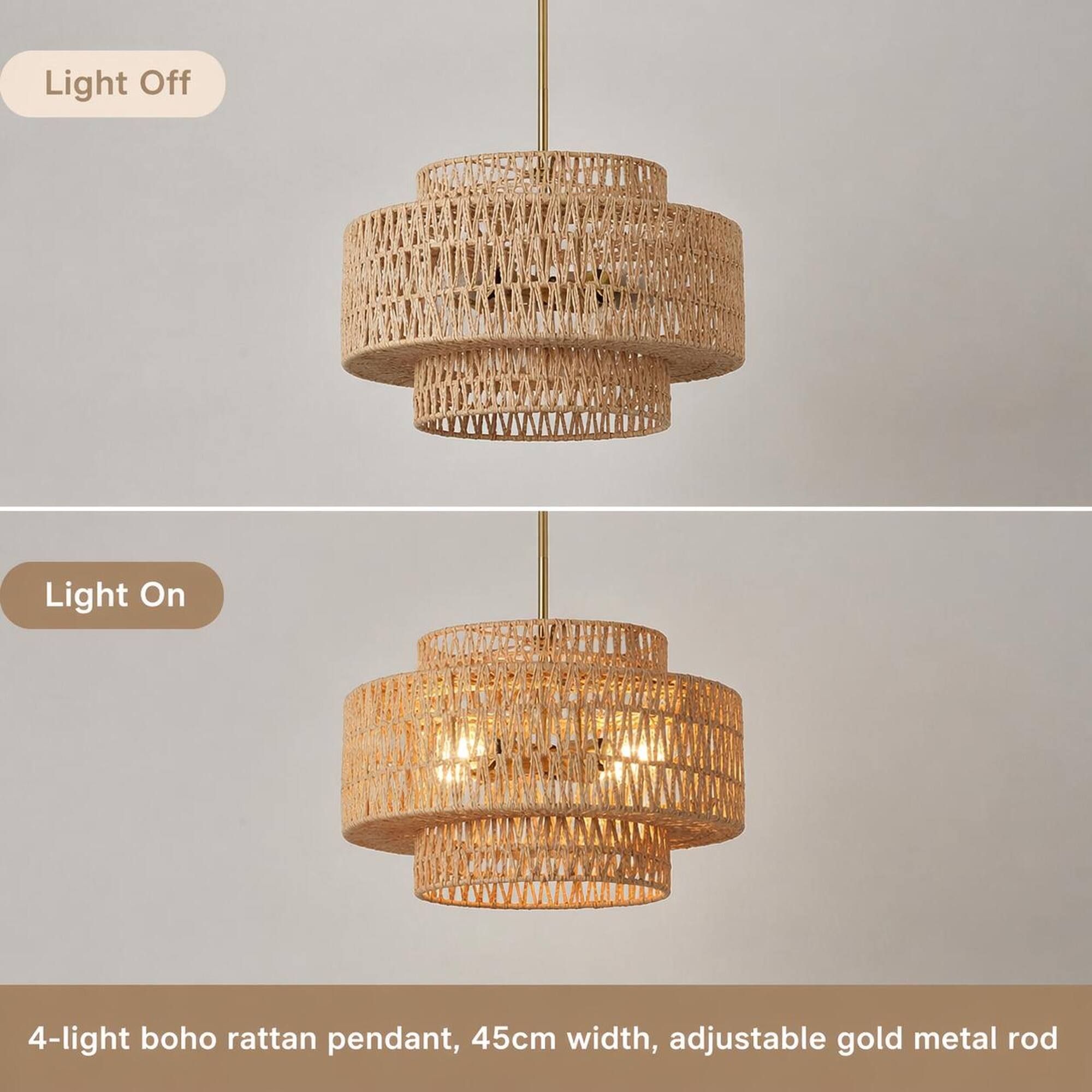 Light Off  
Light On  

4-light boho rattan pendant, 45cm width, adjustable gold metal rod