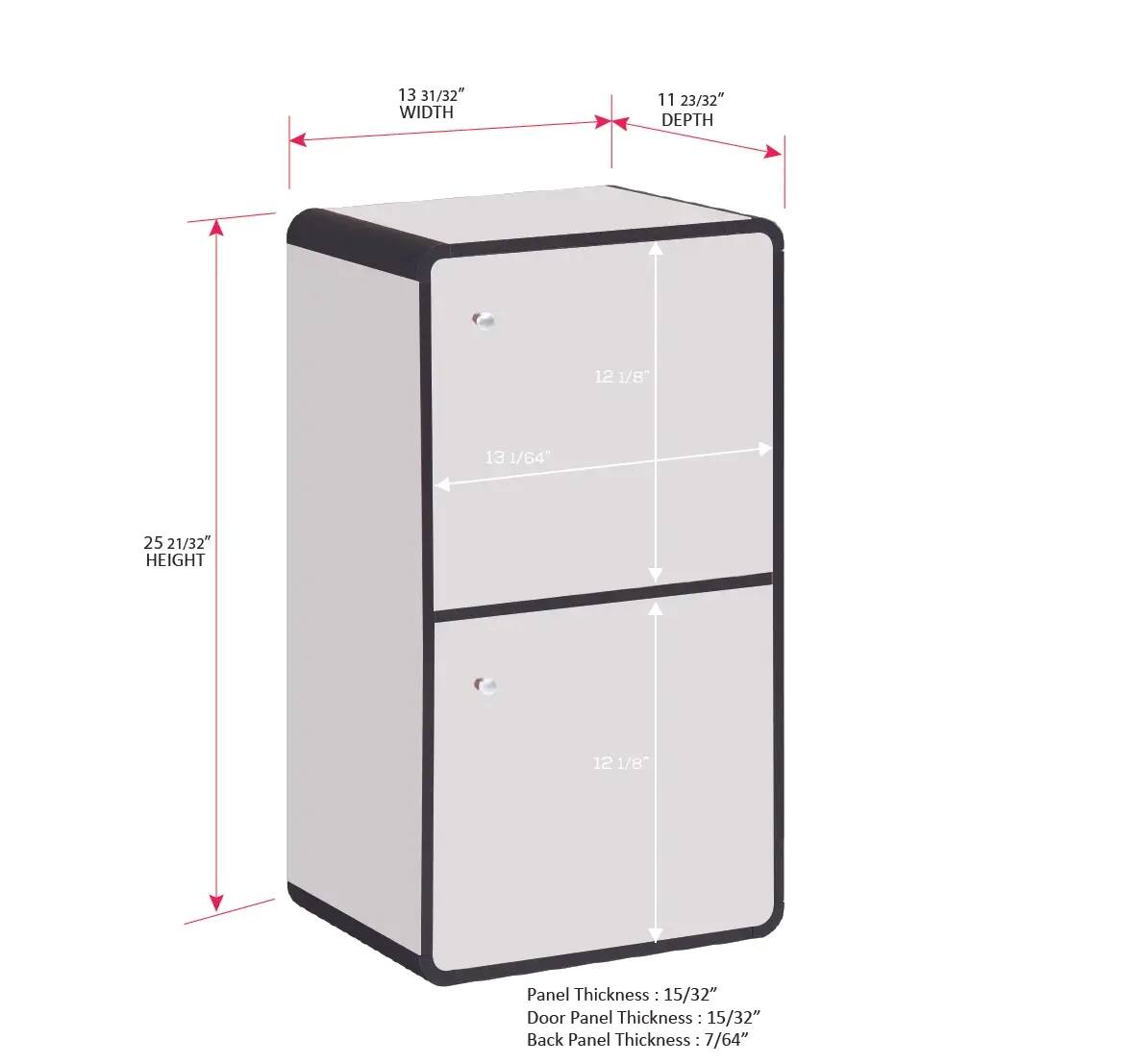 13 31/32" WIDTH  
11 23/32" DEPTH  
12 1/8"  
13 1/64"  
25 21/32" HEIGHT  

Panel Thickness: 15/32"  
Door Panel Thickness: 15/32"  
Back Panel Thickness: 7/64"